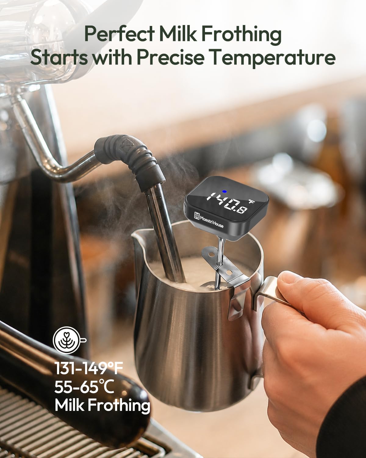 Maestri House Termómetro de cocina de alta precisión 0,1 °C/°F con espumador de leche de 350 ml, pantalla LCD grande y clip extraíble para espuma de leche, café y mermelada (gris)