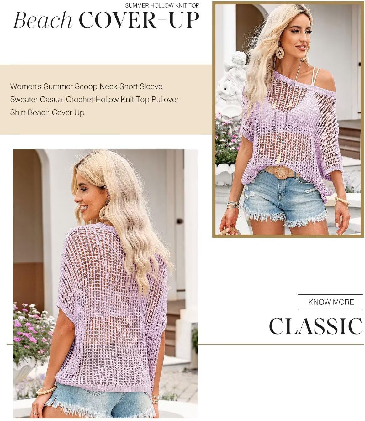 Dokotoo Womens Summer Scoop Neck Short Sleeve Sweater Casual Crochet Hollow Out Knit Tops Pullover Shirts Beach Coverup - Image 3