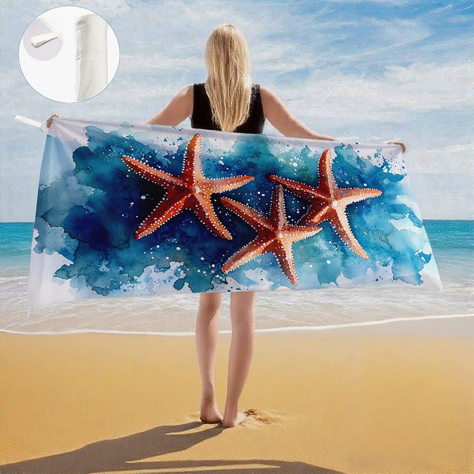 Serviette de Plage XXL 100x200 cm,Étoile de mer Serviette Plage Microfibre avec Séchage Rapide Anti-Sable Absorbante Fonction Design pour Vacances Piscine Pique-Nique Voyages Yoga, Cadeau Femme Q-921