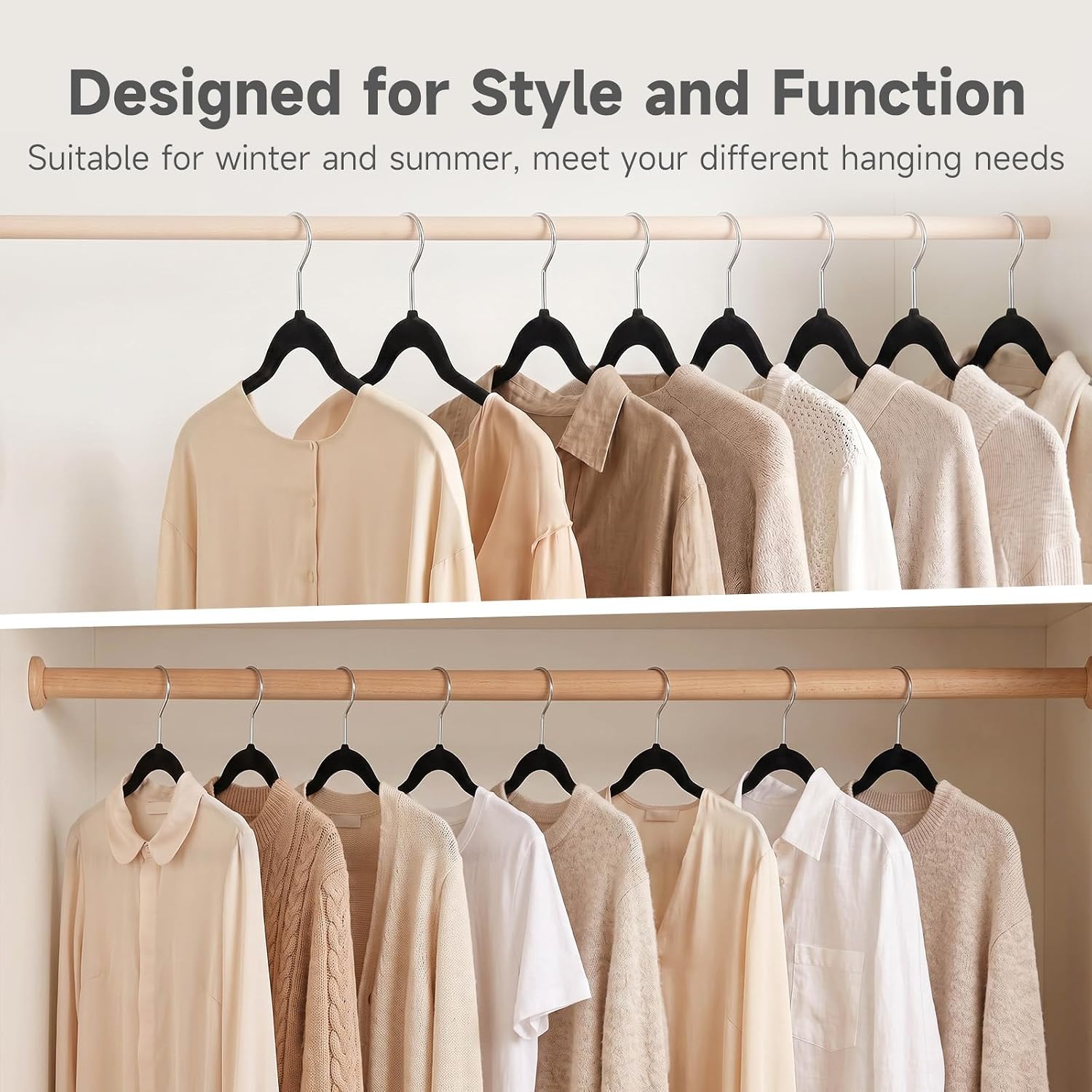 Whitmor Spacemaker Velvet Clothes Hangers, Non-Slip Flocked Dress & Shirt Hangers with Contoured Shoulders, Slim Space Saving Closet Hangers with Chrome Hook, Black, 5 Pack