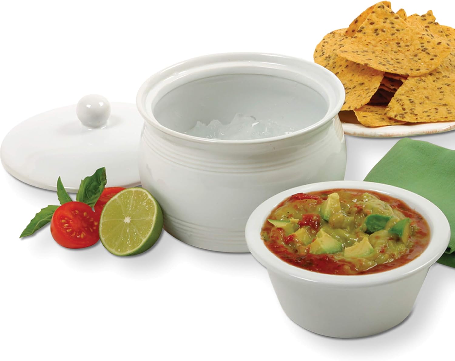 Get Discount Offer Norpro 3 Piece Stoneware Stay Cool Warm Dip Server Set, 1.5c/12oz, White