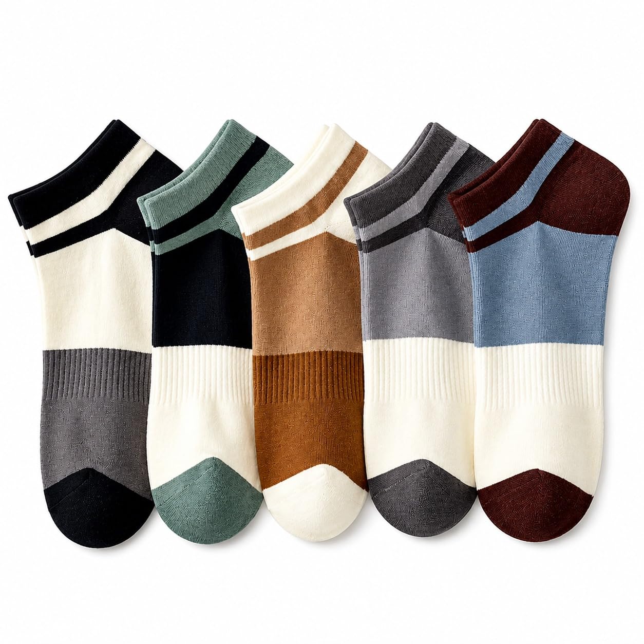 5 Pair Unisex Ankle Socks Combo - Ribbed Cotton Blend Low Cut Socks with Reinforced Heel & Toe, Color Block Design for Men & Women, Daily Casual, Gym, Running & Sports Wear-image-48