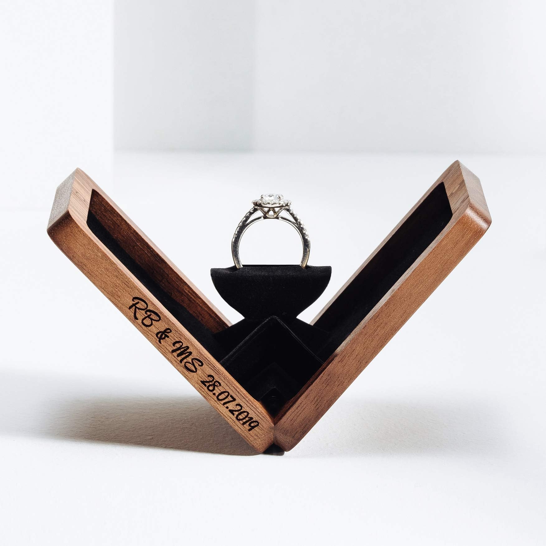 Rotating Walnut Timber Ring Box - Handcrafted Wedding & Engagement Ring Box with Concealed Magnetic Closure and Soft Internal Foam