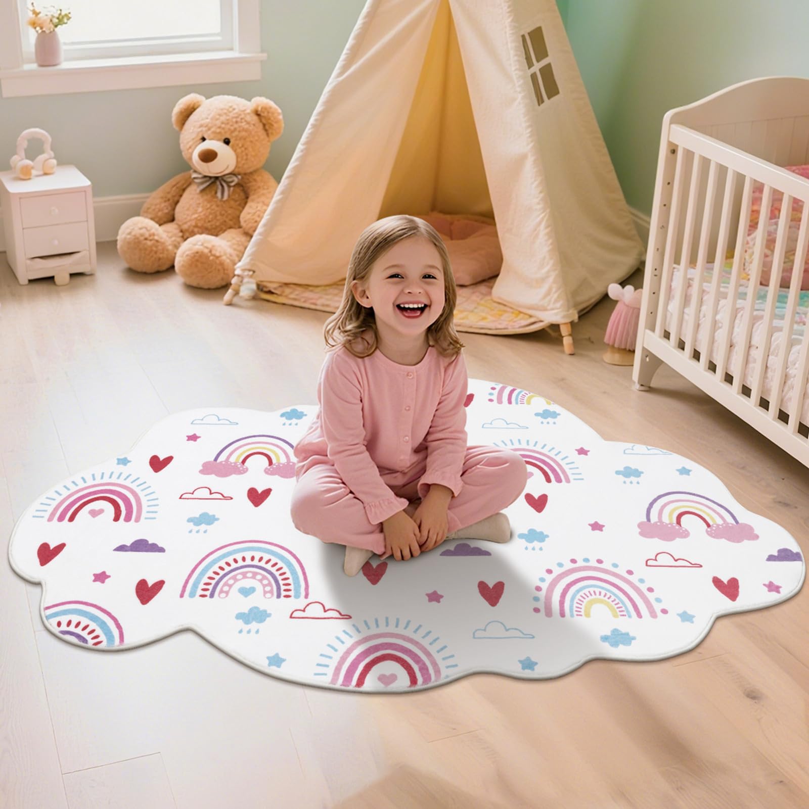 Regenbogen-Teppich für Kinderzimmer, flauschig, weich, dekorative Bodenmatte, Wolkenform, waschbar, Teppiche für Mädchen, Schlafzimmer, Zeltschloss, Badezimmer, Kinderzimmer, Kindertagesstätte