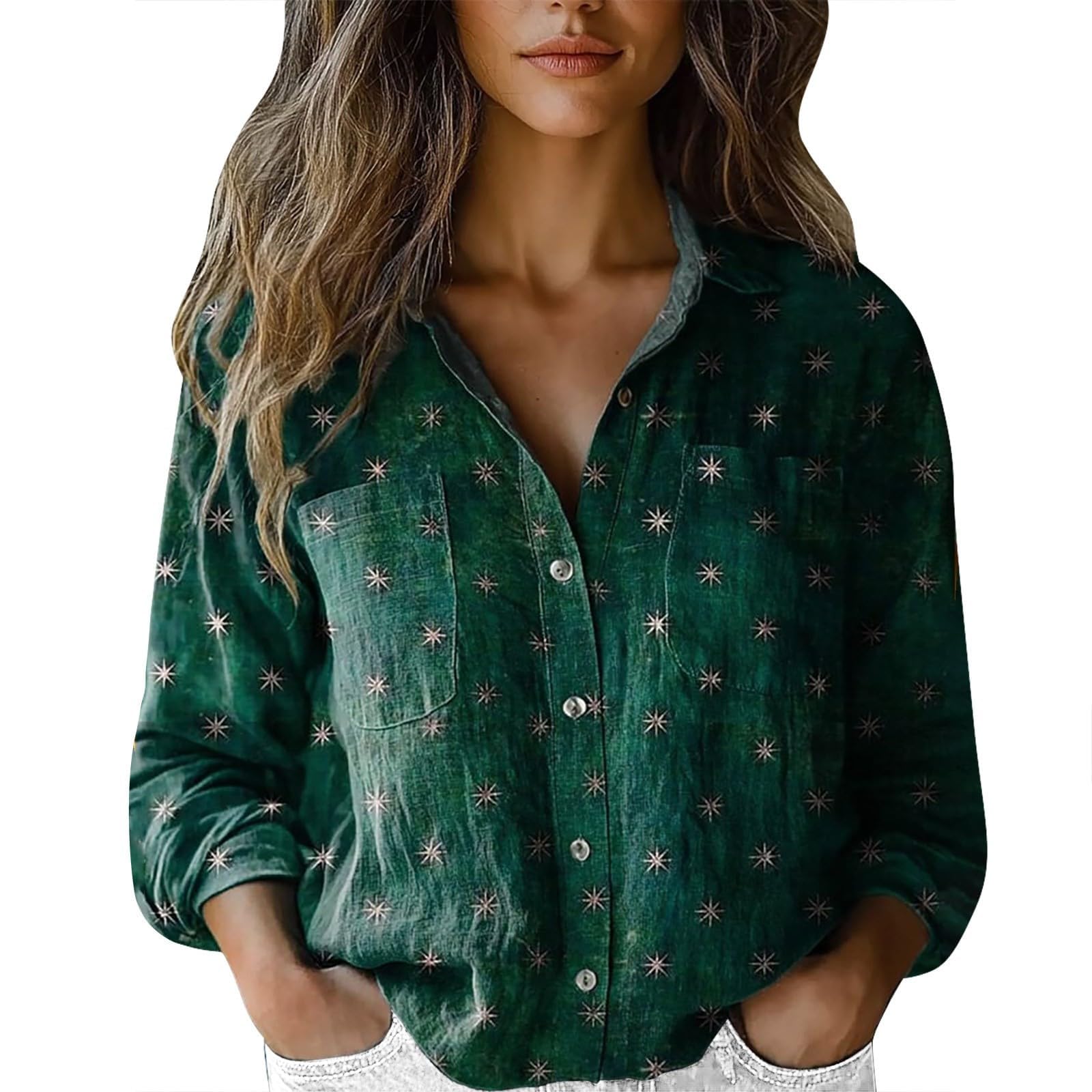 Camicie estive da donna in lino con bottoni casual alla moda 2025 con colletto grafico Camicette in cotone di lino vestibilità ampia abiti da donna a maniche lunghe primavera tuniche da donna