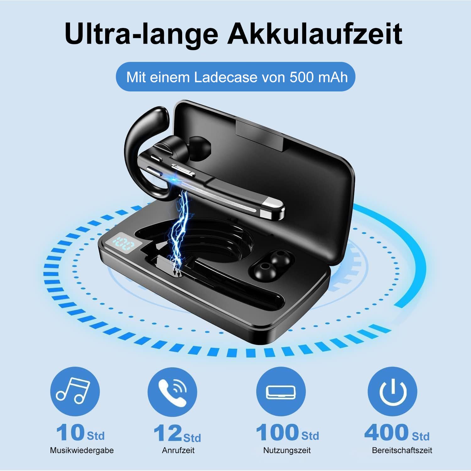 Headset Bluetooth 6.1 CVC8.0 Noise Cancelling In Ear Kopfhörer 100 Std Kabellos Kopfhörer mit Dual Mikrofon LED Ladebox Zwei-Geräte-Verbindung Freisprech Handy Ohrhörer für Autofahren/Business/Büro