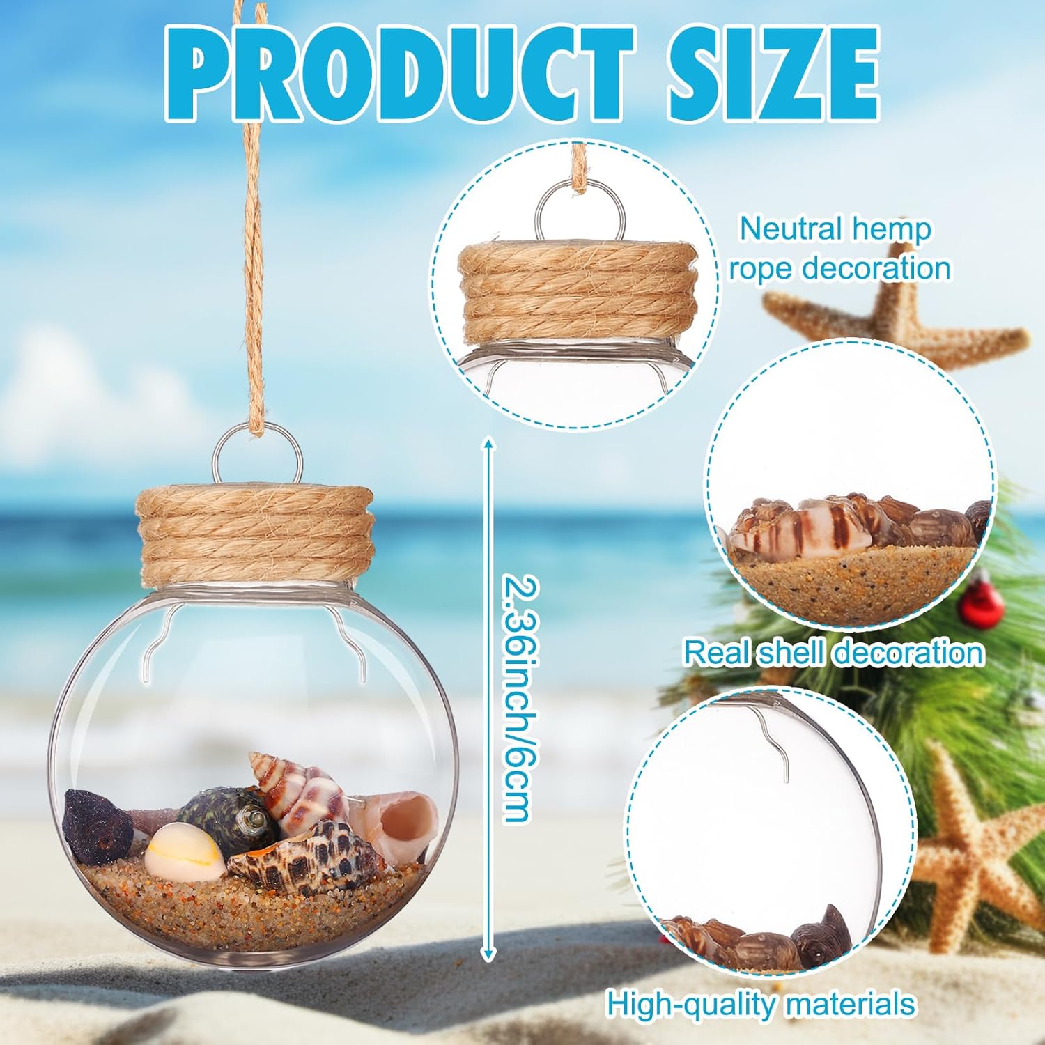 12 Pcs Coastal Christmas Decor Beach Ornaments for Christmas Tree Ocean Themed Clear Bottle of Sand Decor with Seashell Nautical Xmas Hanging Decorations for Home Xmas Tree - Image 3