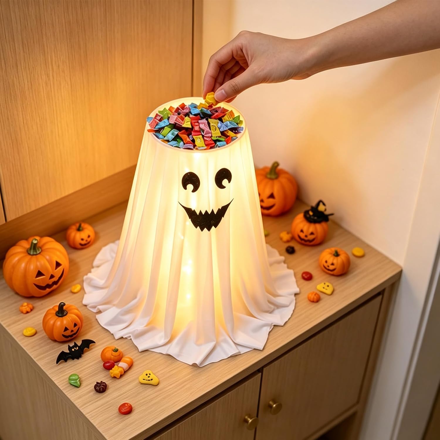 LED Light Ghostes Halloween Candy Bowl, Treats Holder with Remote