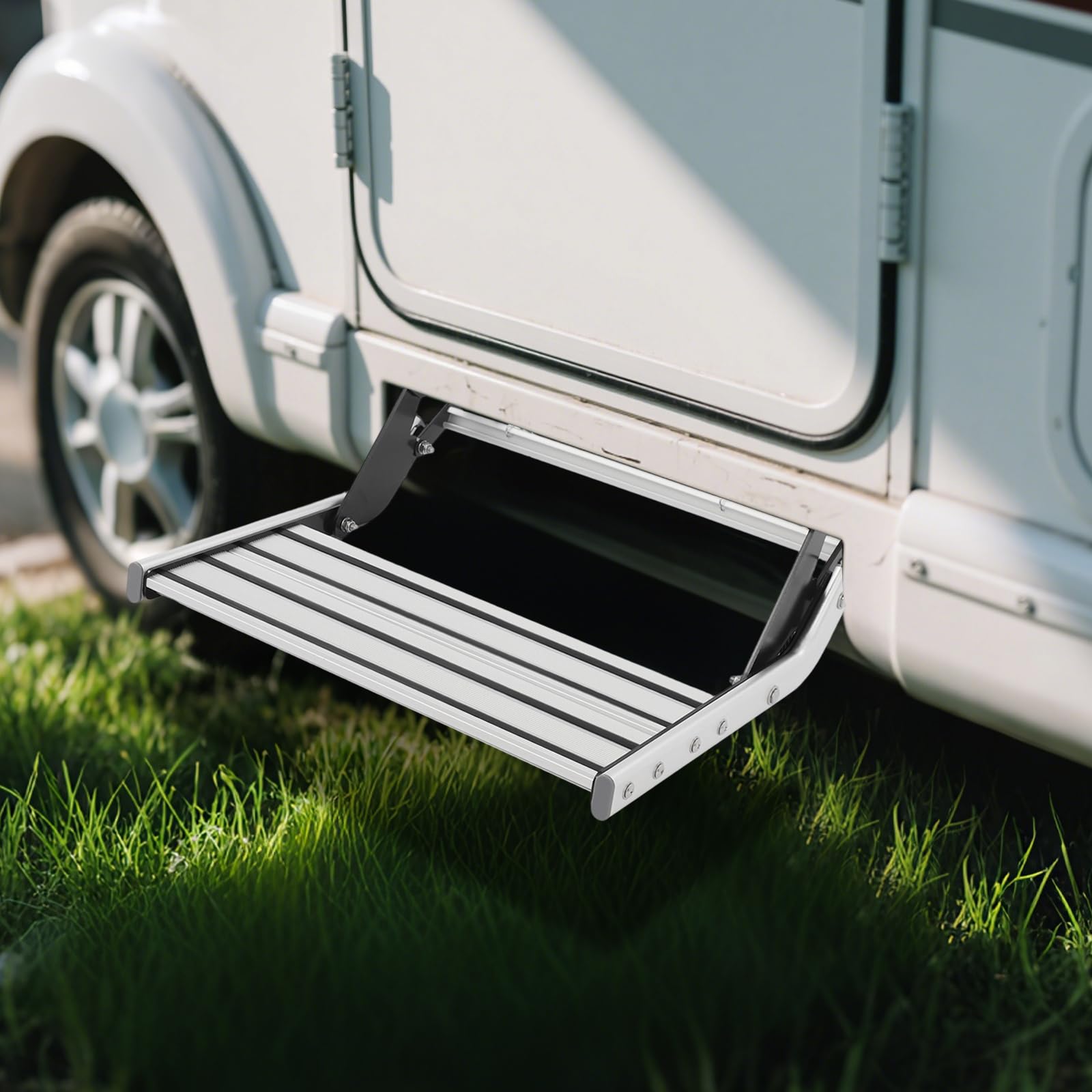 Gradino esterno per camper in alluminio con illuminazione a LED, pieghevole manualmente, antiscivolo, resistente alle intemperie, gradino singolo, facile da montare, accessorio per roulotte, camper