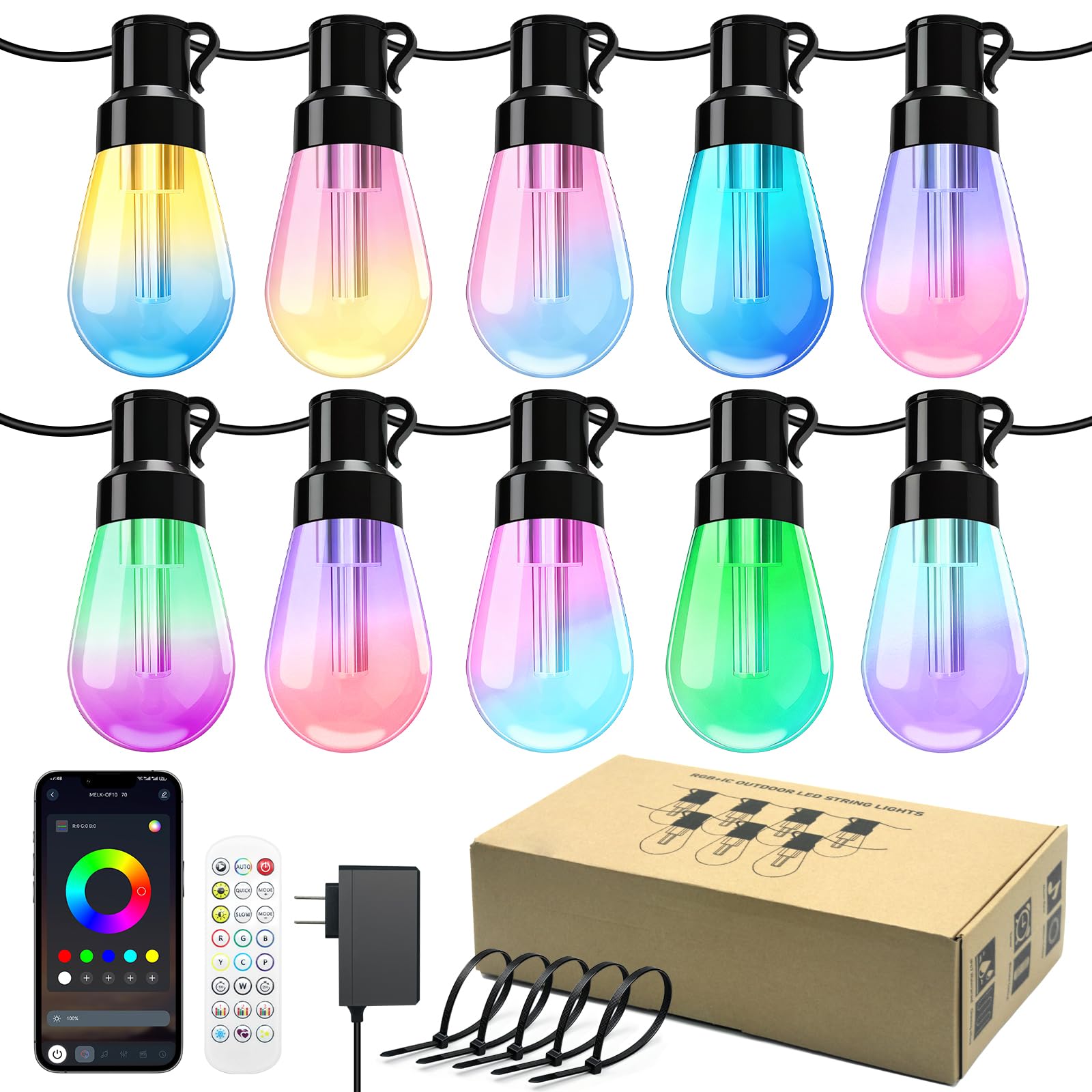 Photo 1 of HEGEHE RGB+IC Outdoor String Lights, IP67 Smart Patio Lights with App Control, Shatterproof PC Bulbs with S-Hooks, Music Sync Permanent Exterior Lights for Backyard Fence Party (150FT)