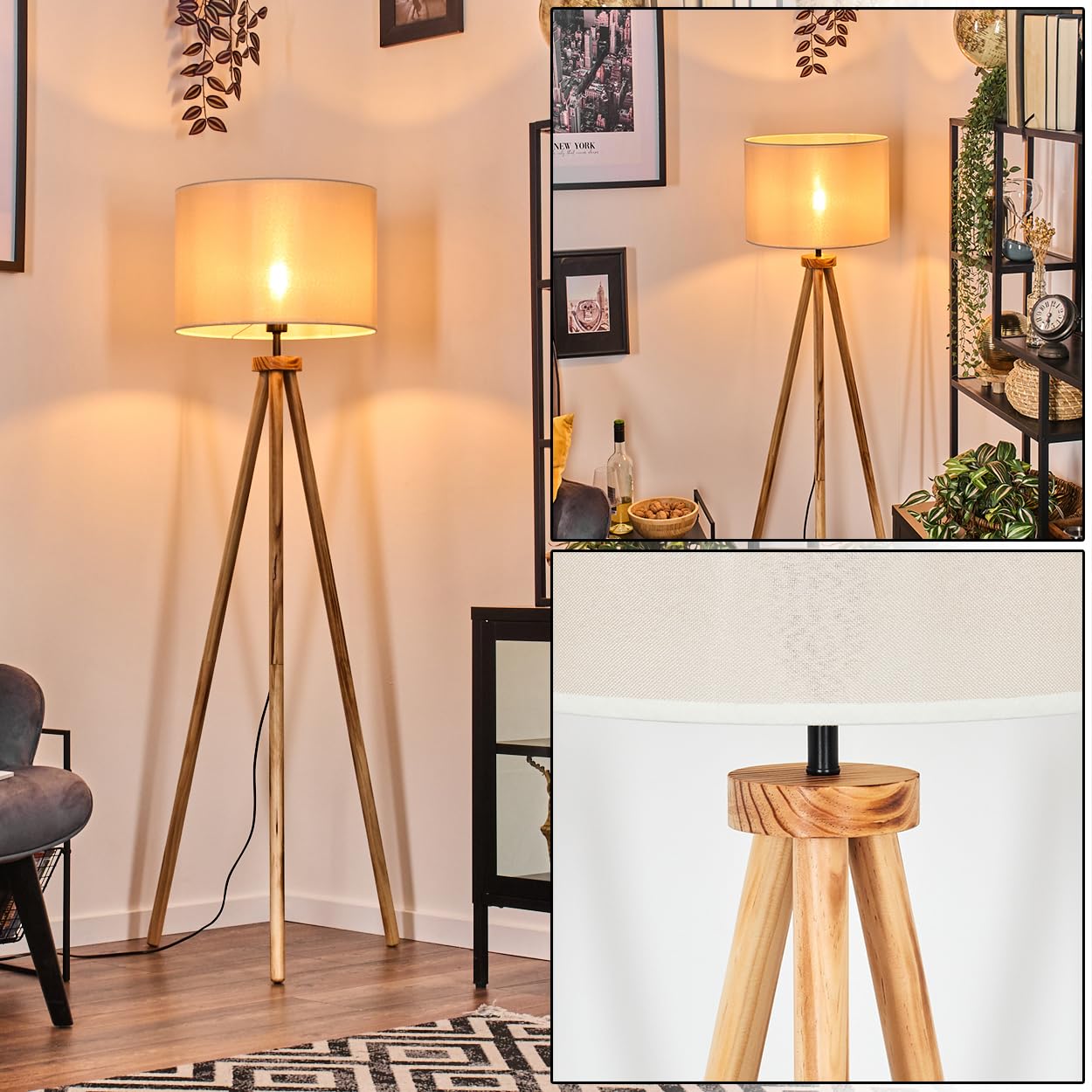 Stehleuchte Bassagoda 171,5 Cm – Skandinavisch Design, Holz/Metall, Stoffschirm, Mit Ablage & Fußschalter, E27