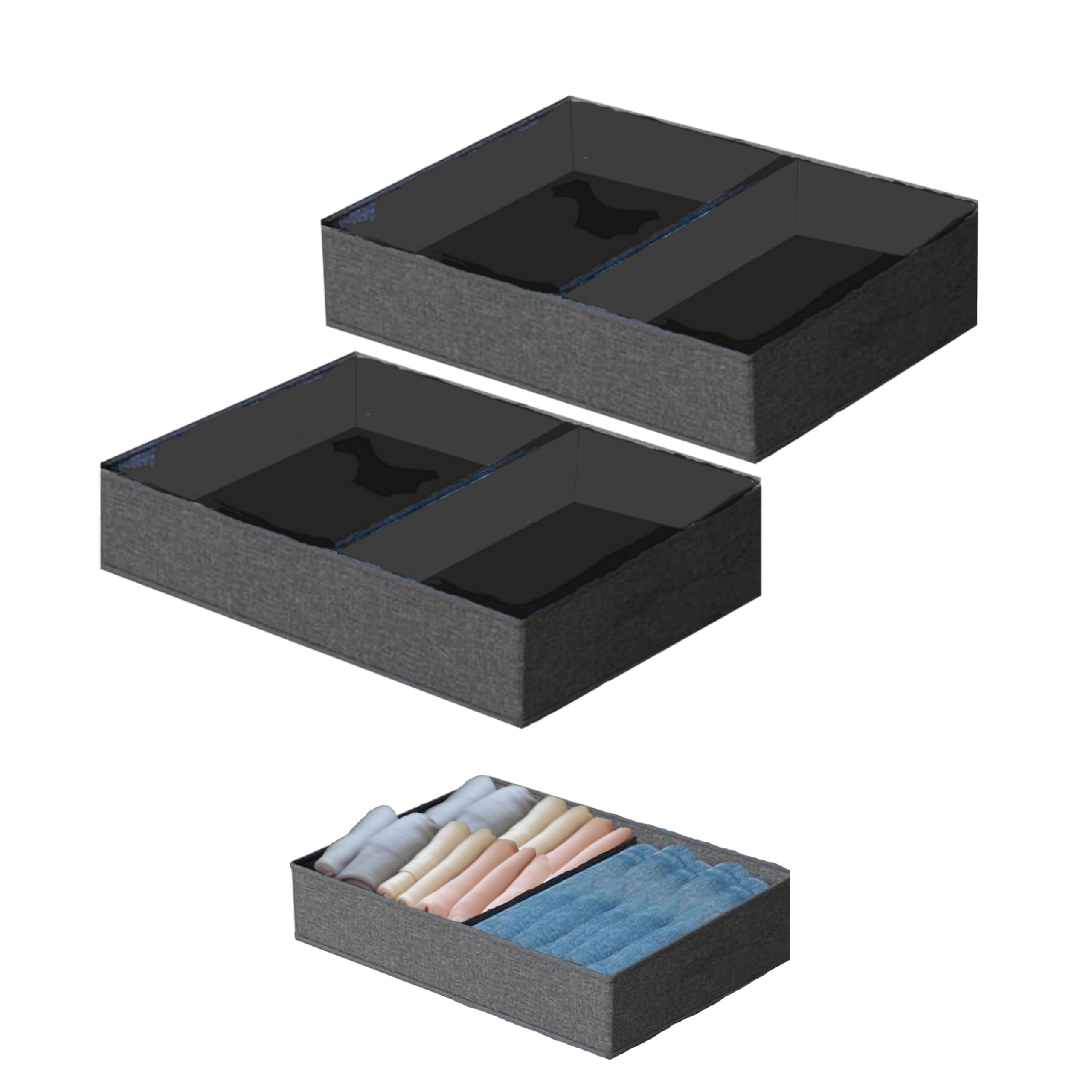 Lizzy Grey Twin Compartment Organisers 8.5X25x40cm | Drawer Organiser Divider Collapsible Wardrobe Organizer For Socks, Bra, Ties, Handkerchiefs Storage (2 Piece)