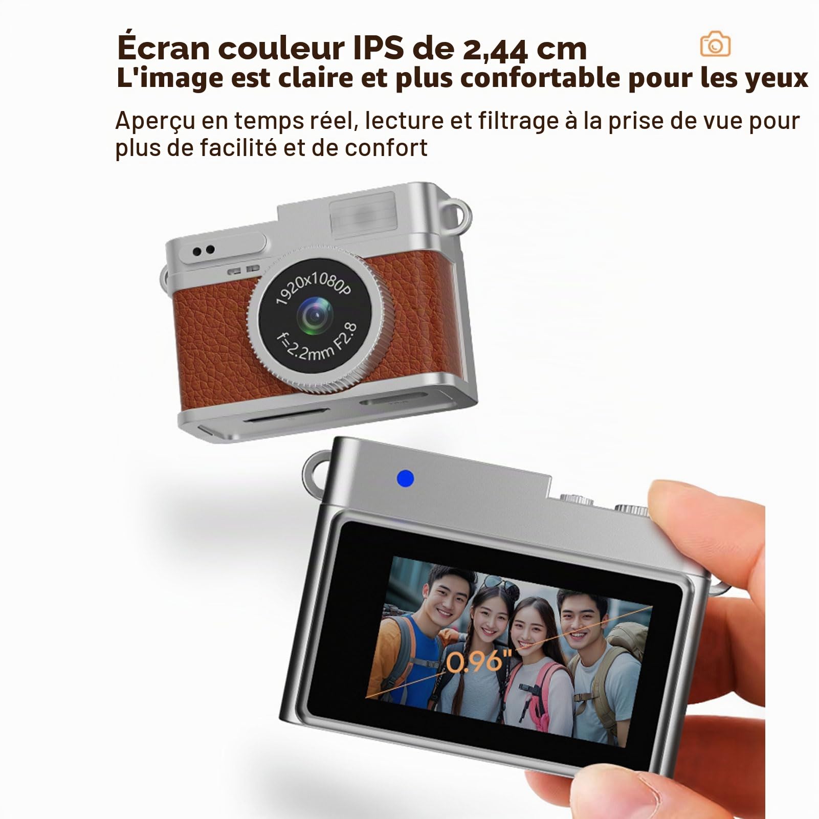 Topiky Petit Appareil Photo Numérique Rétro, 1080p FHD 0,96 Pouce Mini Clés de Caméra, Appareil Photo Numérique Portable Ith LED Bill Light Light 4 Filtres, Enregistreur Vidéo de Poche (Brown)