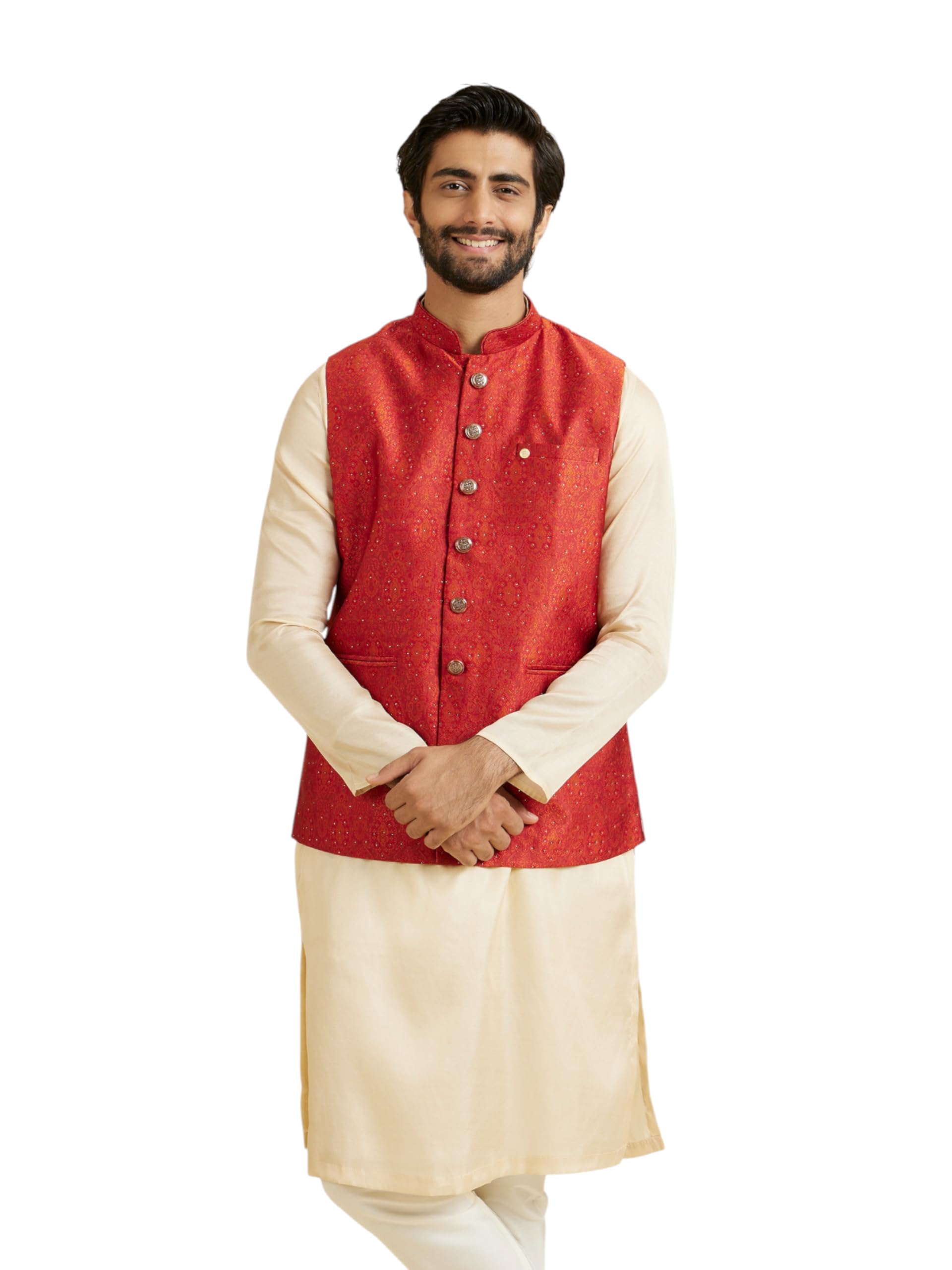 manyavar Men's Brocade Sequinned Nehru Jacket (1pc)-picture-46