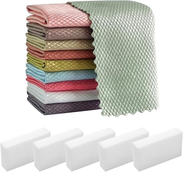 BOZILY 10PCS Nanoscale Cloth Easy Cleaning Fish Scale Cloth with Sponges, Lint Free Absorbent Polishing Wipes for Glass, Car, Kitchen Cleaning ( 25*25cm, 30*40cm)