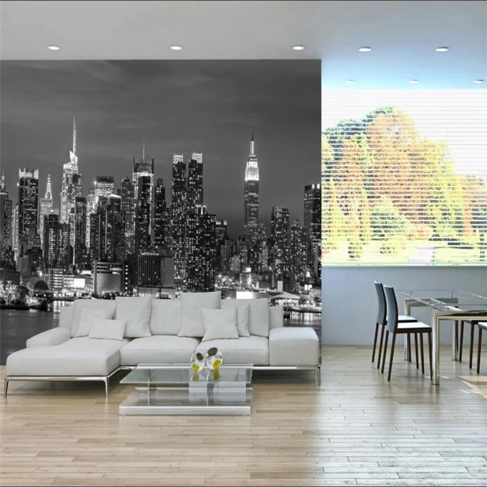 Papel pintado Paisaje de Nueva York, mural fotográfico en blanca y negro, sala de estar grande, dormitorio, papel tapiz de fondo, póster de decoración de arte de pared moderno (pelar y pegar)