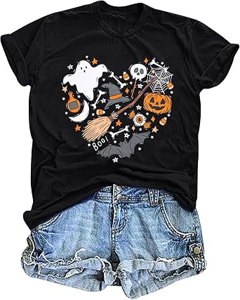 SFHFY Halloween Spooky Season Shirt Women Halloween Boo Ghost T Shirts | Embroidered Boo T Shirts Funny Ghost Halloween Tee Cute Pumpkin Graphic Tops