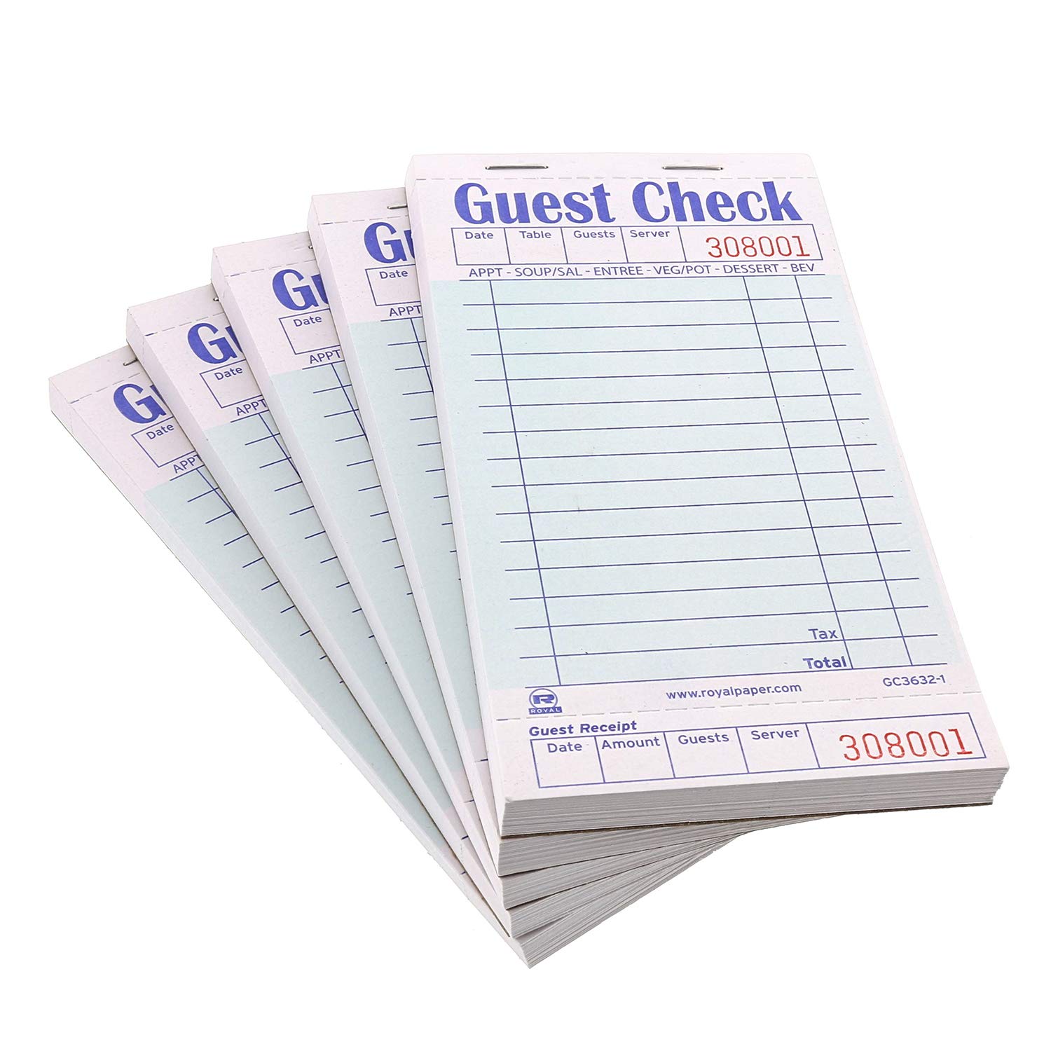 Royal AmerCare Green Guest Check Paper Receipt Book, Carbonless Order Book with 15 Lines, 1 Part Booked, Case of 50 Server Notepad Books