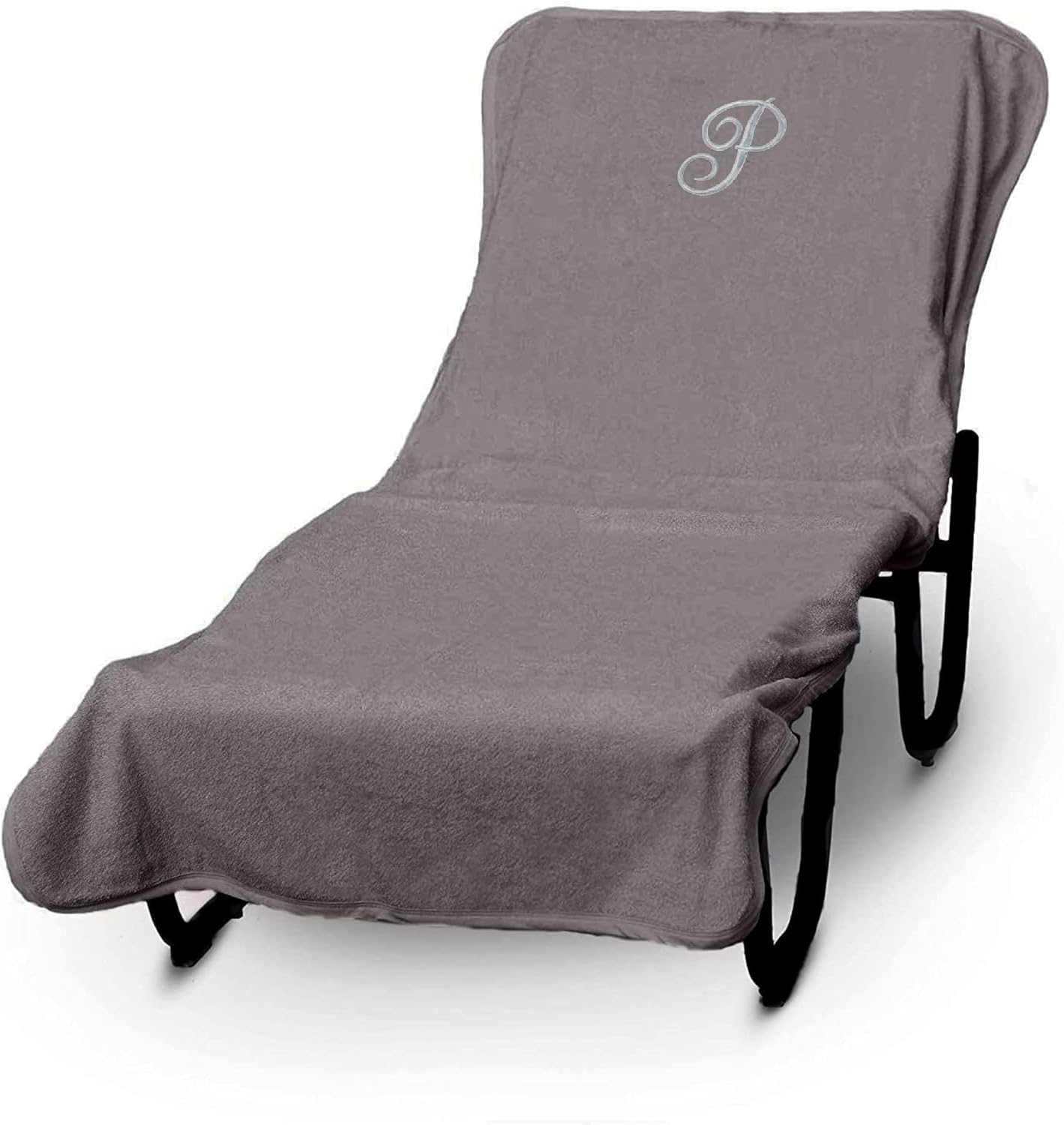 Luxury Hotel & Spa Monogrammed Pool Chaise Lounge Cover, Script Letter Embroidered - Extra Absorbent 100% Turkish Cotton- Soft Terry - Hotel-Style, Standard Size 90" X 29" - Gray - Silver Letter P