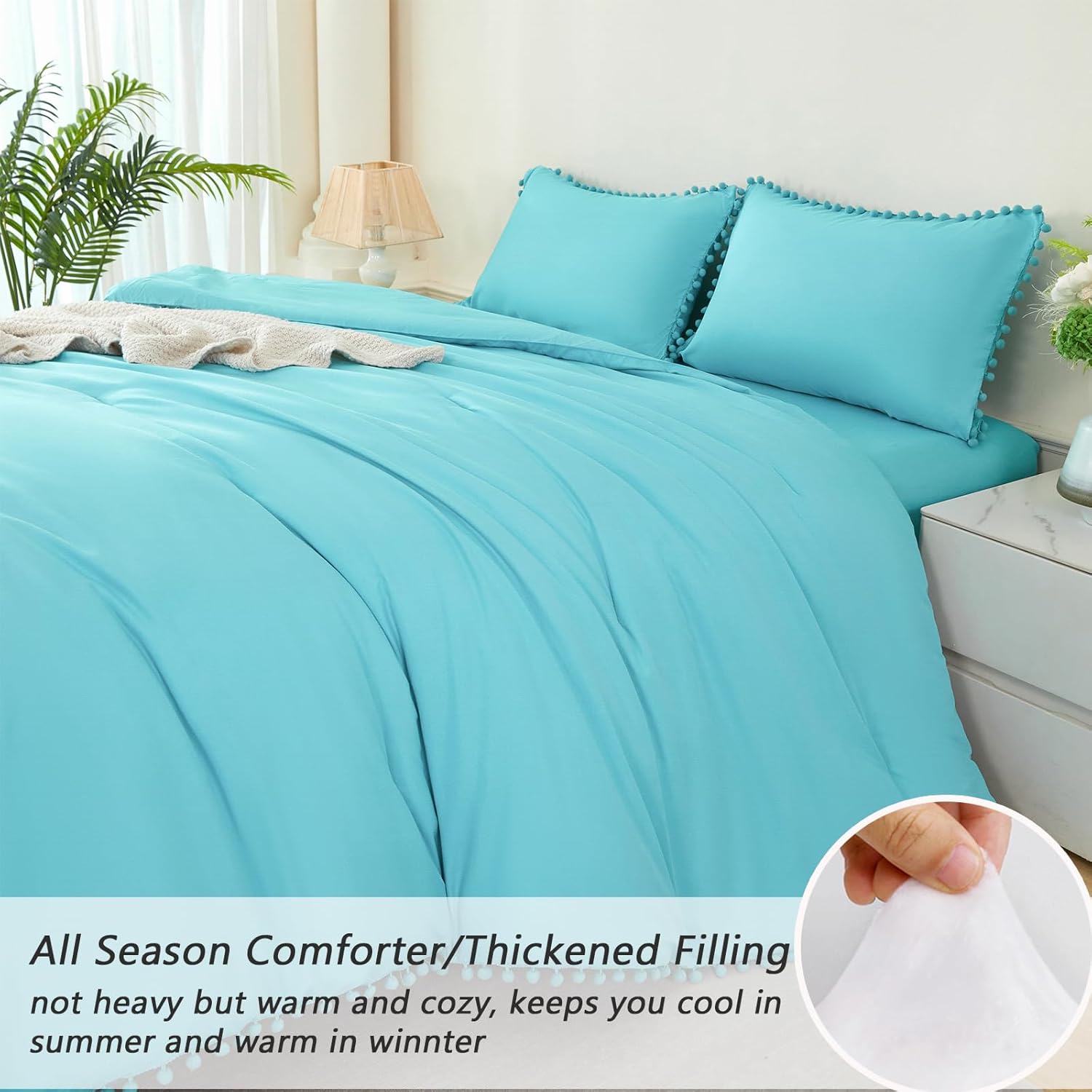PERFEMET 5 Pcs Teal Blue Girls Bedding Set Queen Size Boho Pom Pom Cute Bedding Comforters for Kids Soft Fluffy Down Alternative Solid Bed in A Bag with Sheet Set(Teal Blue, Queen) - Image 5
