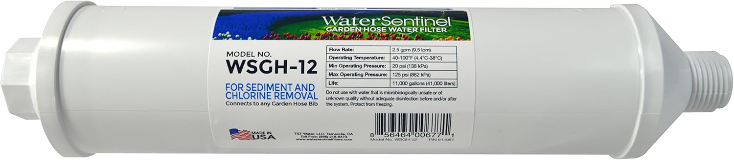 WaterSentinel WSGH-12 3-Stage Garden Inline Water Filter with Garden Hose Connection, Reduce Sediment, Hard Water, Rust, Chlorine, Odor, Organic Gardening Plant Health