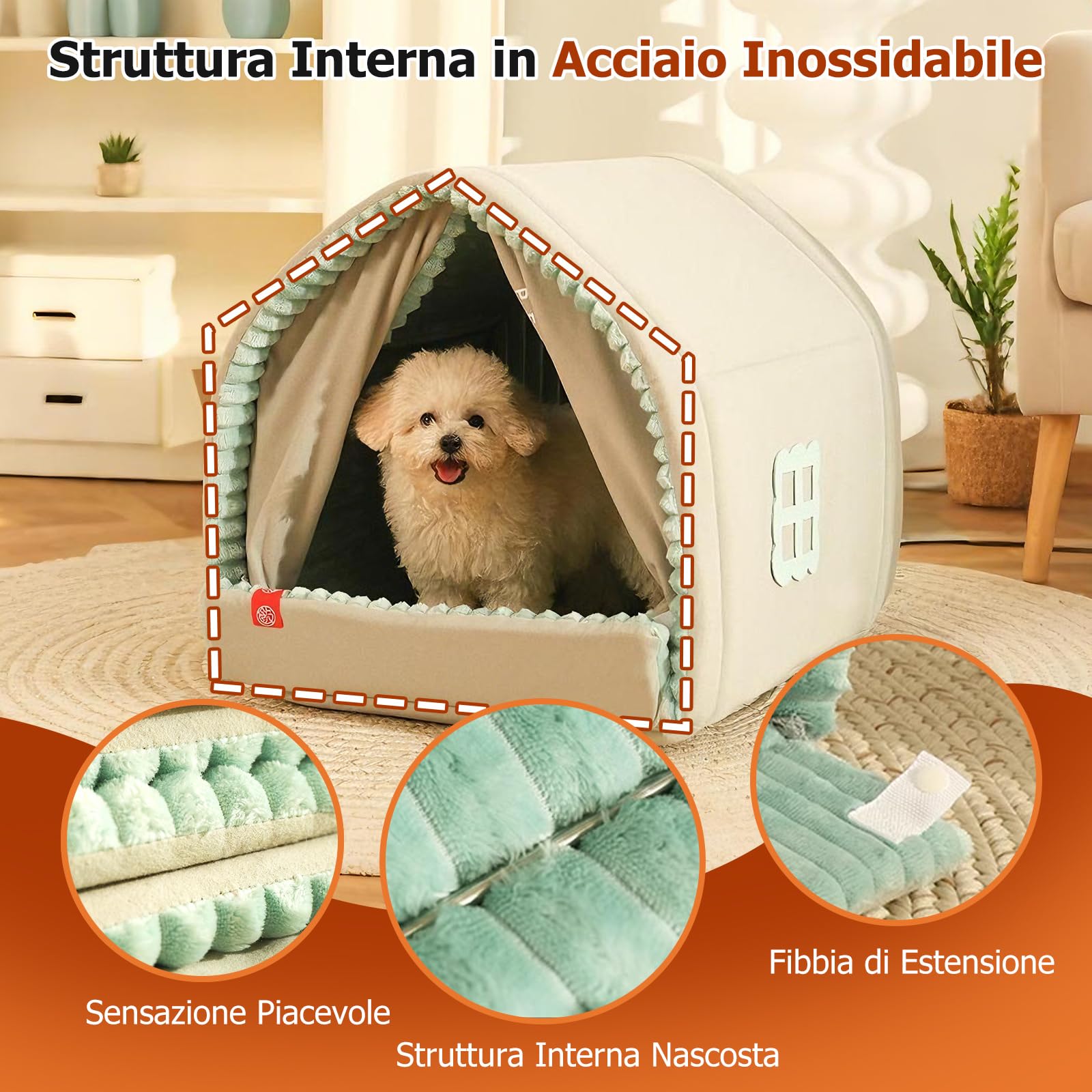 PETCUTE Cuccia per Gatti da Interno,Morbidi e Caldi,Letto per Cuccioli con Tende per Porte,Lavabile,Cuccia Gatto Chiusa con Fondo Antiscivolo,Casa Pieghevole per Gatti,per Piccoli Animali Domestici,L