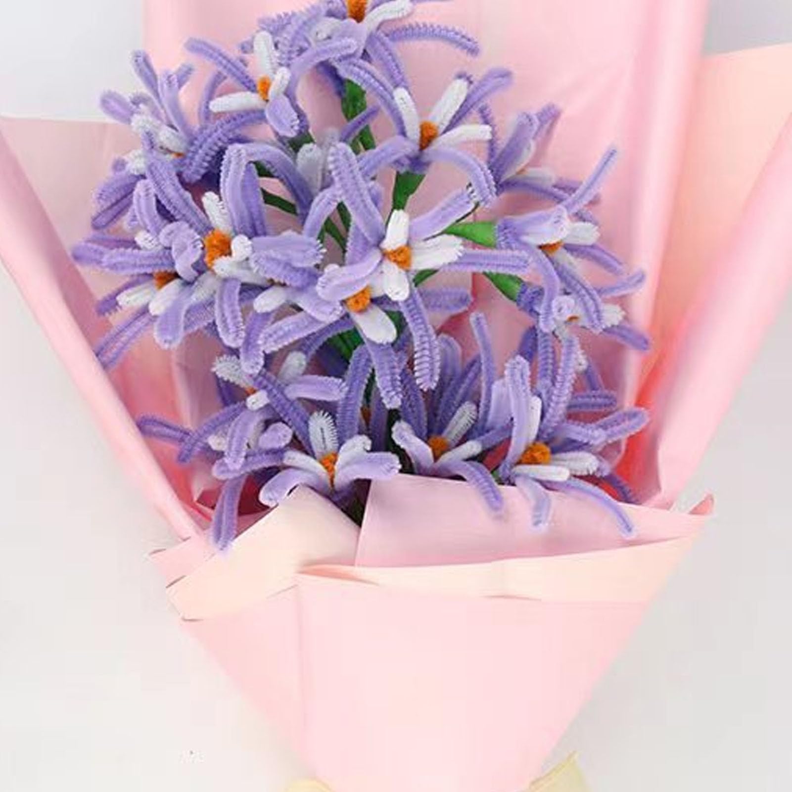 400 Fils Chenille (cure-pipe) Colorés - Kit Créatif Pour Bouquets, Déco DIY - Rose, Violet Clair, Violet Foncé, Vert - 8