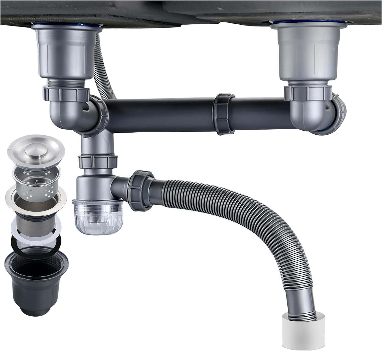 QruiLanTu Double Sink Drain Kit Space Saving Kitchen Sink Drain Kit