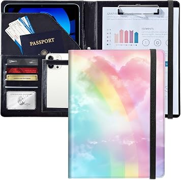 for Padfolio Clipboard with Business Card Holder PU Leather A4 Size Portfolio Folder Interview Resume Organizer with Elastic Closure Phone Pocket for Office, Conference,Cute Heart Pink Sky