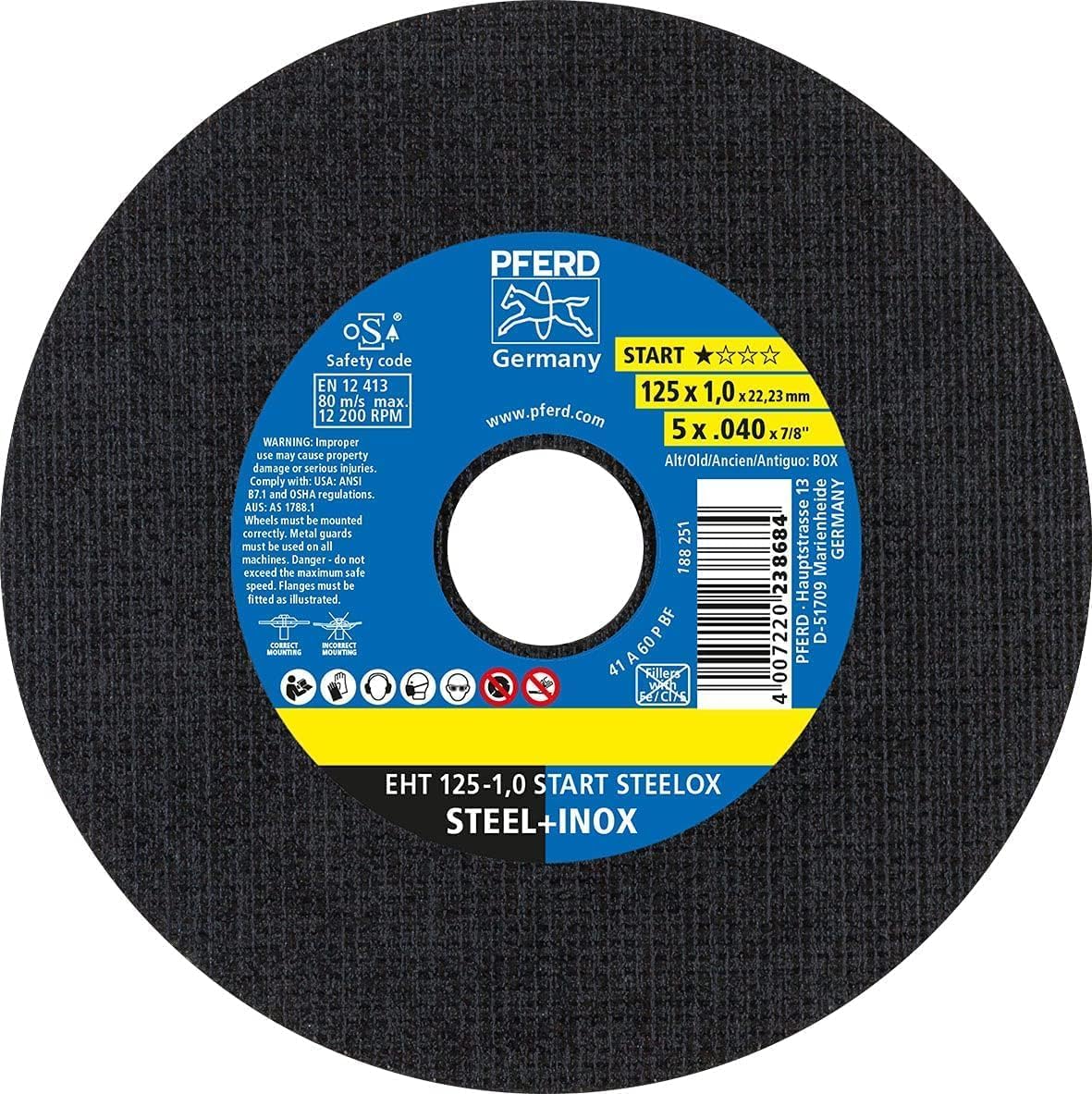 PFERD Cutting Discs, Pack of 50 | EHT 125 x 1.0 x 22.23 mm Straight Start Line Start Steelox | 69198290 - for Steel, Stainless Steel (INOX)