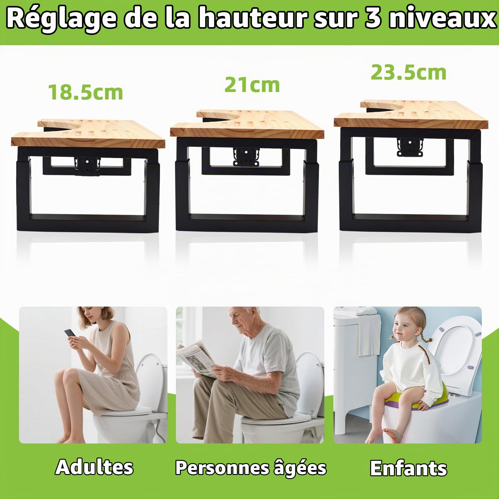 Tabouret Toilette Pliable en Bois, Marche Pied WC à Hauteur Réglable avec Coussinets Antidérapants, Repose Pied Salle Bain pour Adultes Enfant