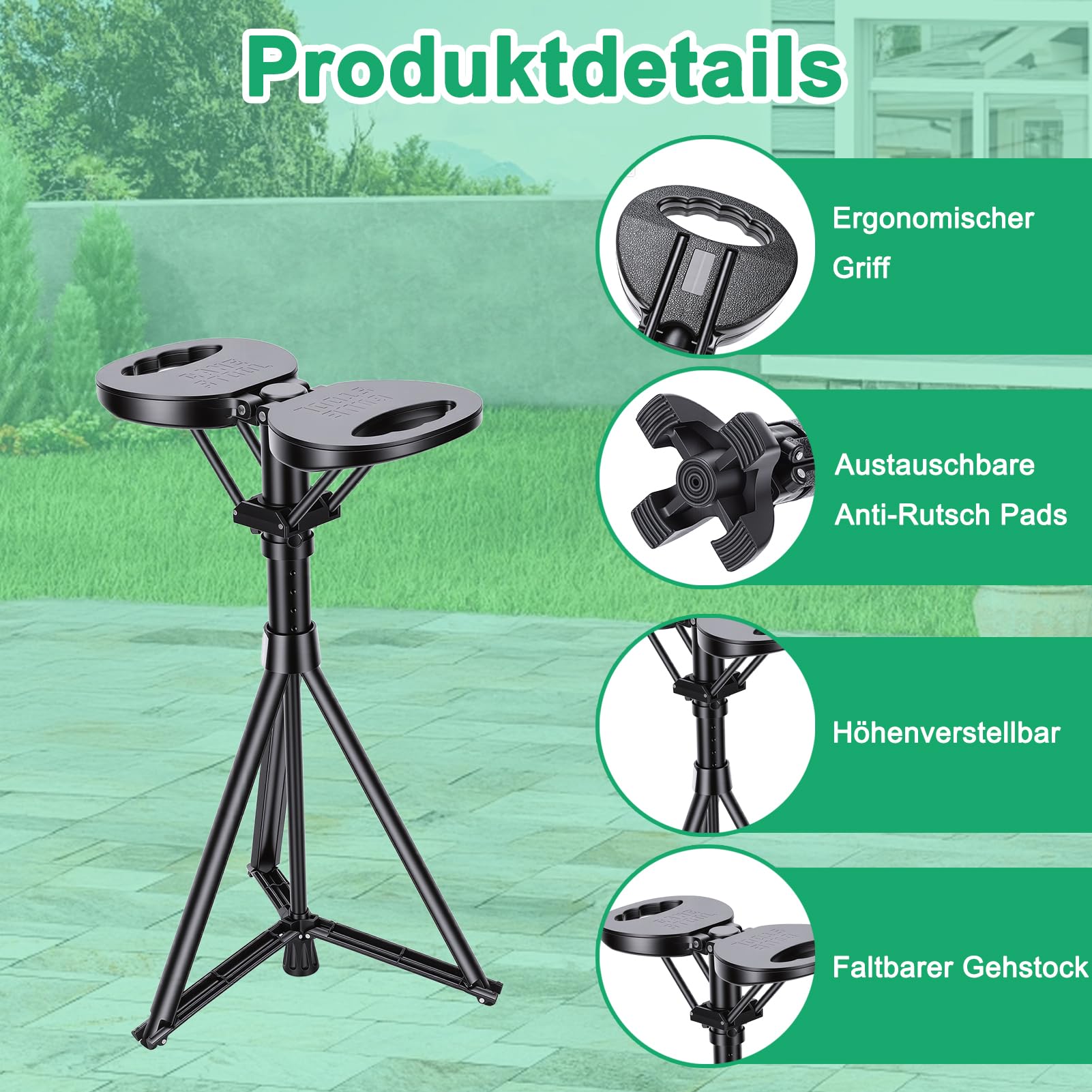 Gehstock mit Sitz, Tragbarer Klappstock mit Kissen und Tragetasche für Senioren und Erwachsene, Verstellbarer Wanderkanalstuhl mit Sitzkapazität 250kg für Outdoor Reisen, Camping, Wandern