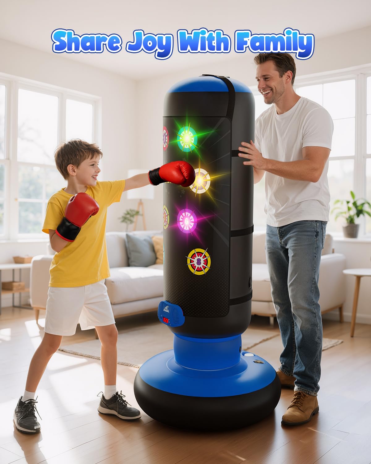 Boxsack Kinder, Boxsack Stehend mit Musik & Licht, Interaktiv Punching Bag, Aufblasbarer Standboxsack mit Boxhandschuh Geschenke für 6 7 8 9 10 11 12 Jahren Kinder Jungen