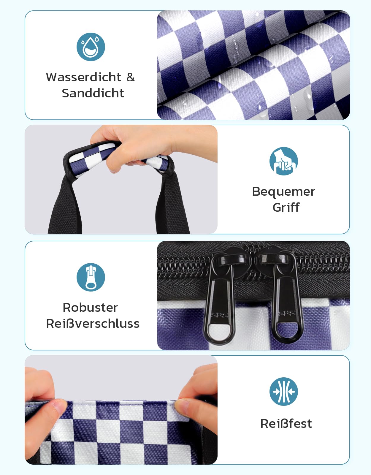 ISEYOU Strandtasche XXL Familie mit Kühltasche, Groß Strandtasche mit Reißverschluss Wasserdicht Sanddicht, Handtasche Damen 49L, Faltbar Badetasche für Reisen Fitnessstudio Picknick