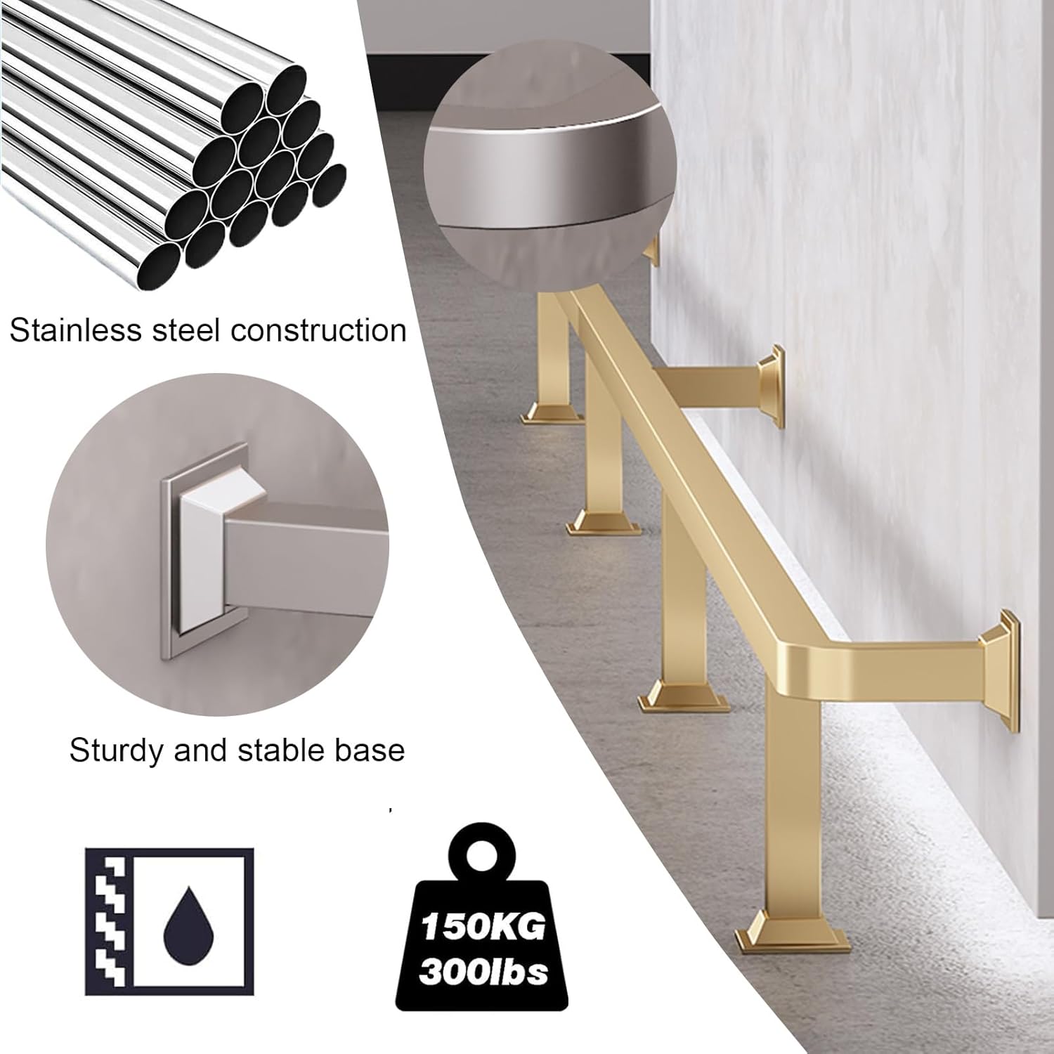 Stainless Steel Foot Rail Bracket - Wall Mount Bar Counter & Stair Rail with Internal Connector & End Cap, 90cm/35.4in - Perfect for Kitchen & Balcony Decor