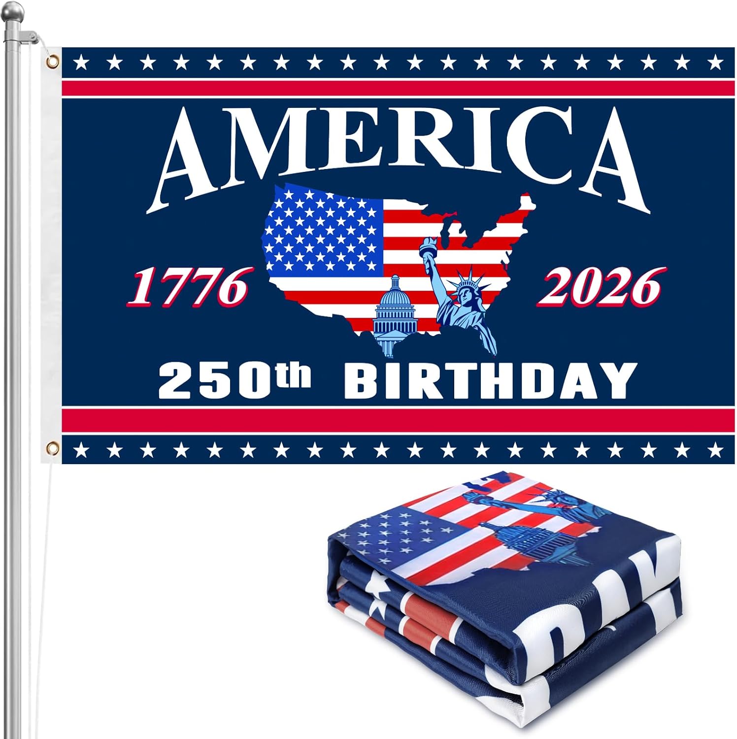 250th Anniversary American Flag - 4x6 Ft Double Sided 3 Layers Patriotic Flags - 4th of July Decorations Independence Day 250th Anniversary Flag for Indoor Outdoor Decoration