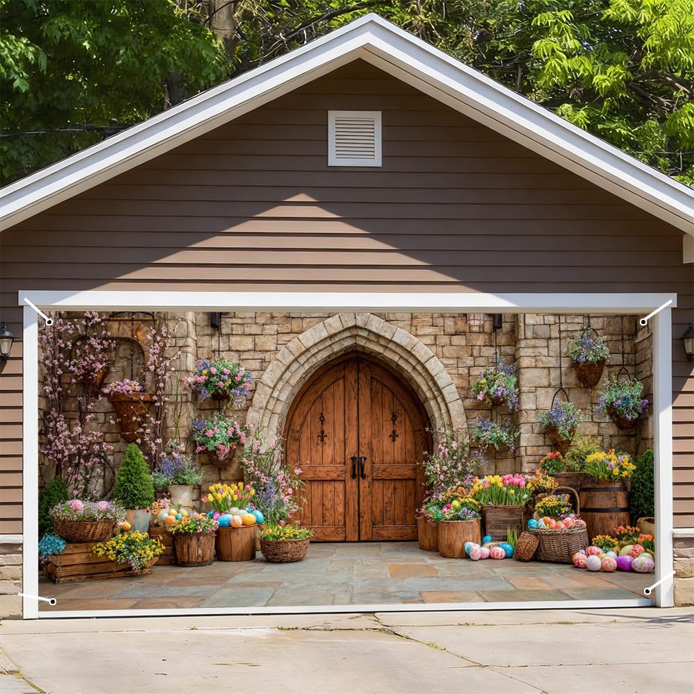 Spring Castle Door Garage Cover 157x70" Floral Baskets Colorful Eggs Stone Arch European Outdoor Mural Banner Waterproof Home Decor