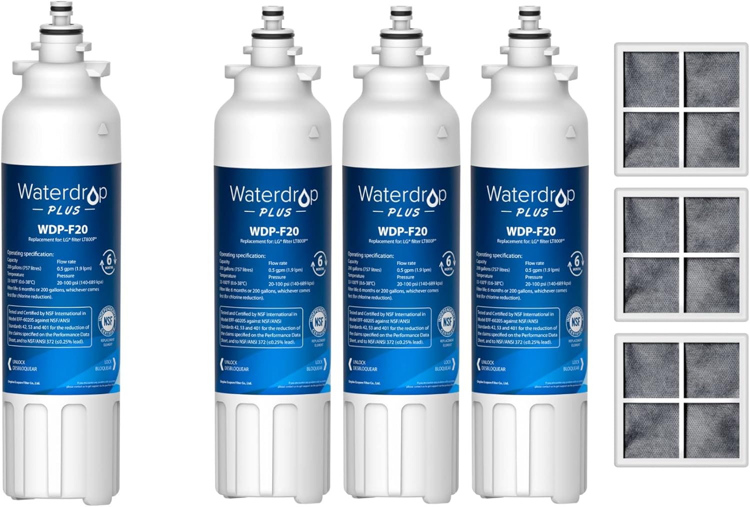 Waterdrop Plus ADQ73613401 NSF 401&53&42 Certified Refrigerator Water Filter (4 Filters), Replacement for LG® LT800P®, ADQ73613402, Kenmore Elite 9490, and LT120F® Air Filter (3 Filters)
