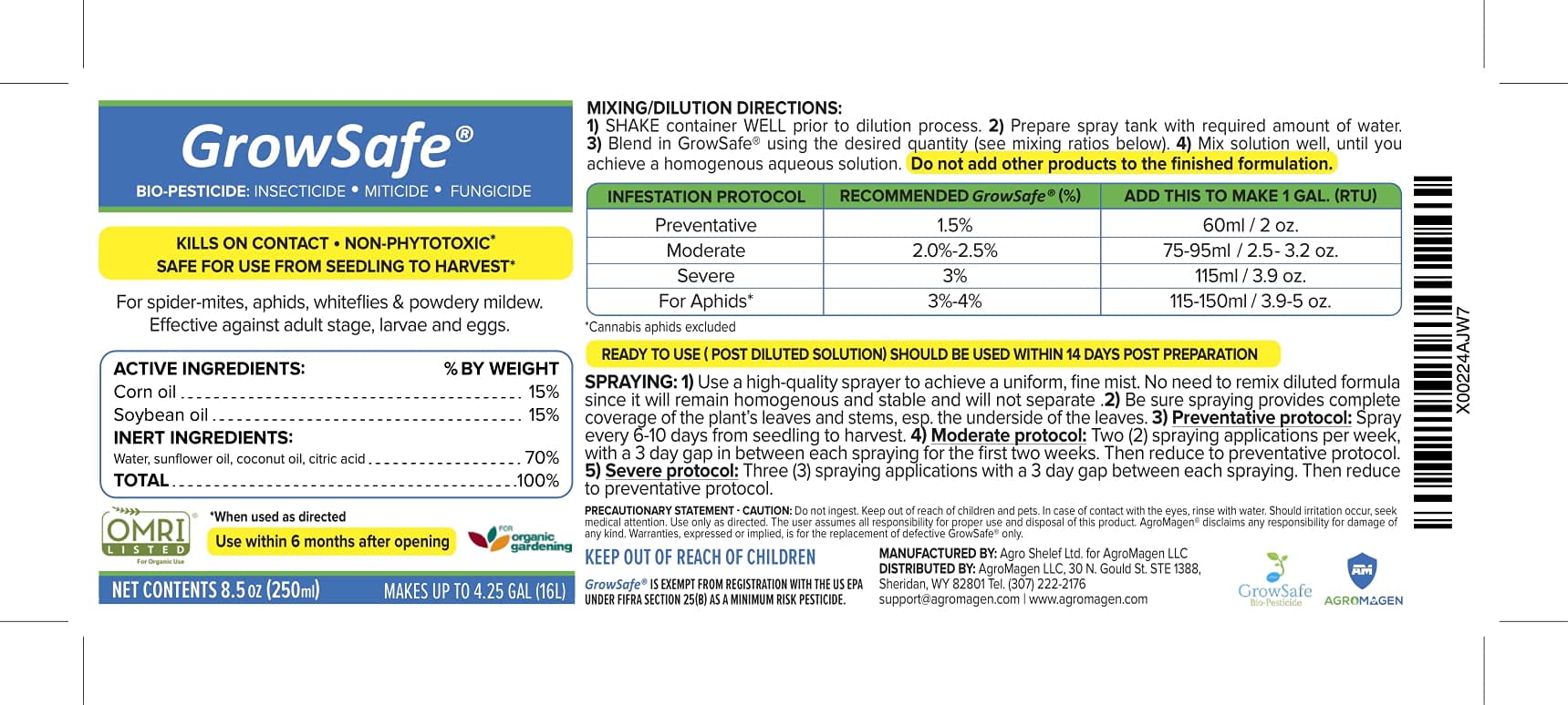 AgroMagen, GrowSafe BioPesticide, Organic Natural Miticide, Fungicide