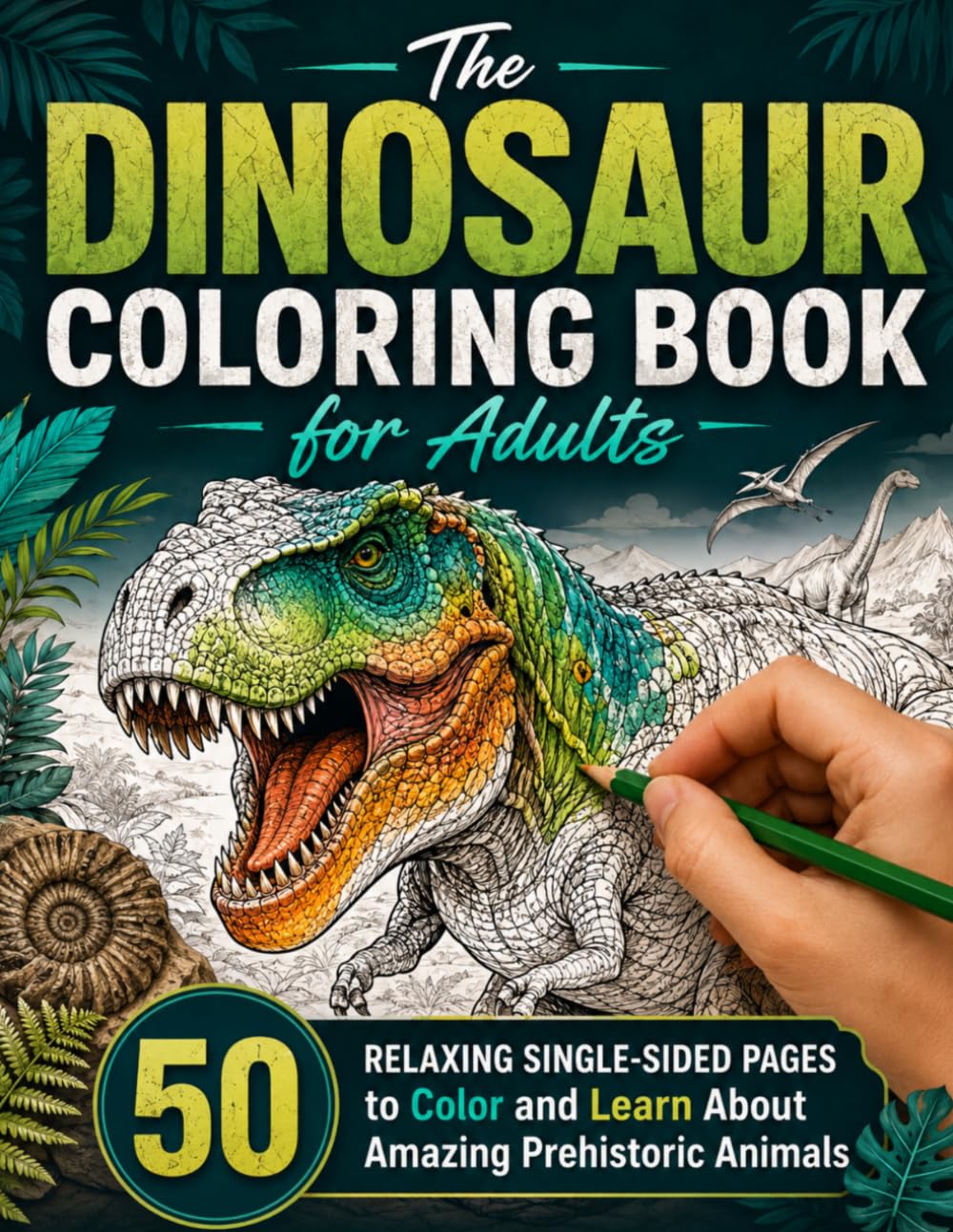 The Dinosaur Coloring Book for Adults: 50 Relaxing Single-Sided Pages to Color and Learn About Amazing Prehistoric Animals
