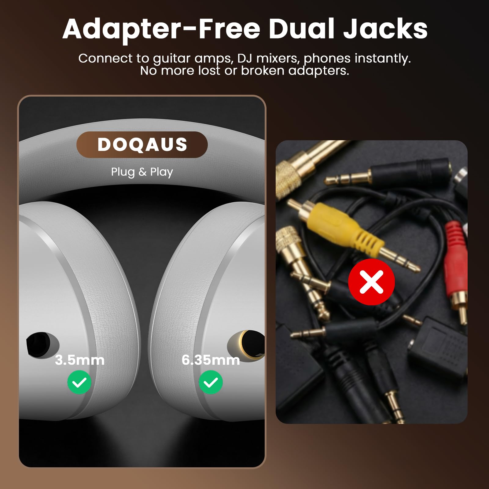 DOQAUS Audífonos profesionales con cable para monitor de estudio para grabación y mezcla de música, auriculares estéreo de 50 mm con conector dual para guitarra eléctrica, teclado, piano, portátil