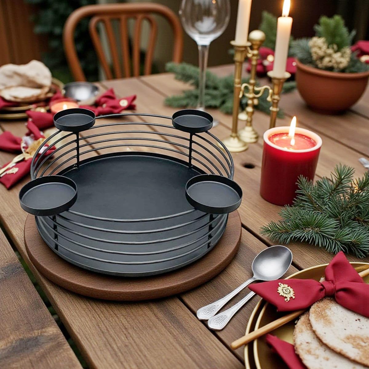 MACOSA EX259170 Adventskranz Schwarz Metall 30 cm modern Elegantes Adventsgesteck 4 Kerzenhalter Tisch-Dekoration Advent Weihnachtsdeko Metallkranz Drahtkranz