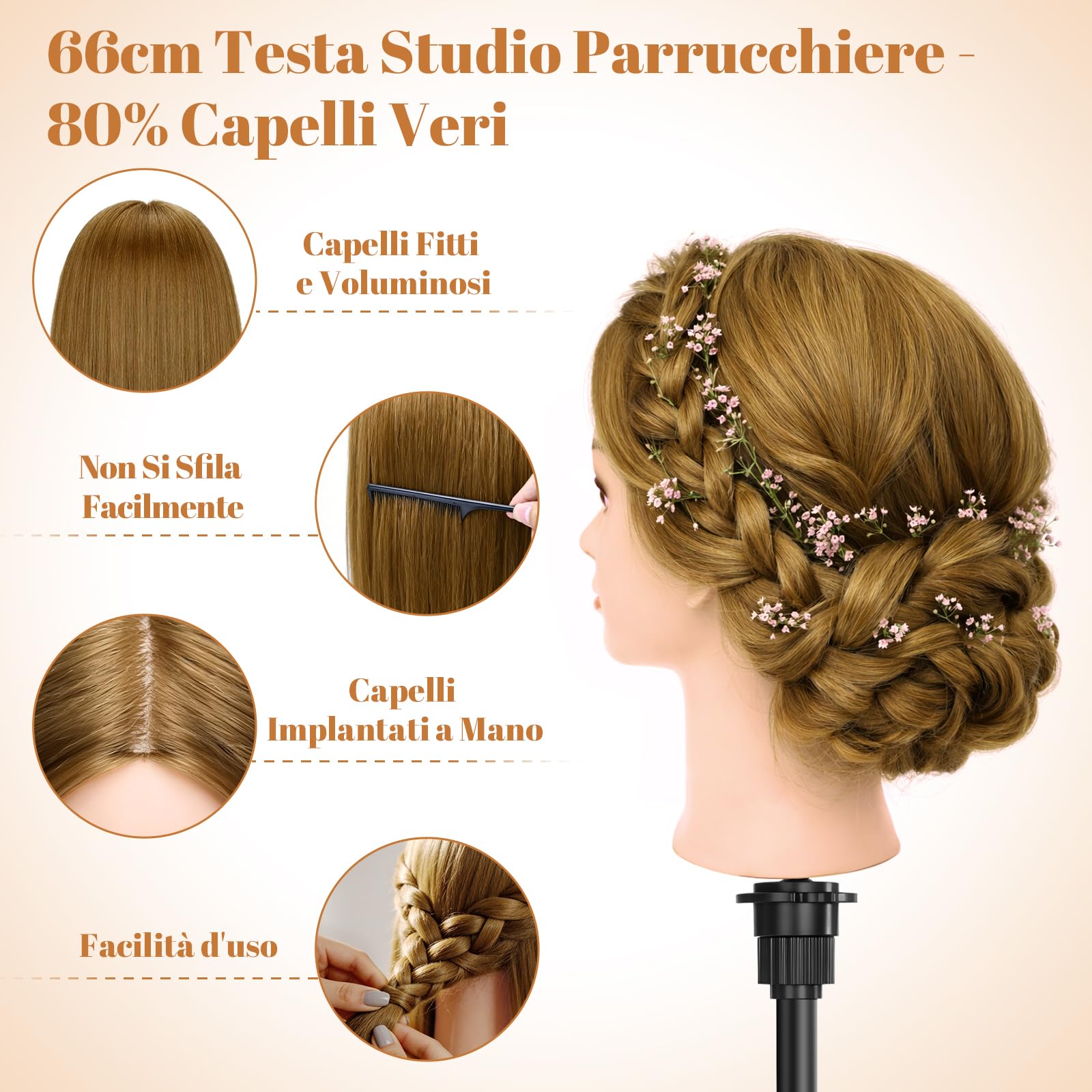 TwoWin Testina parrucchiere capelli veri 80% 26" marrone con morsetto per allenamento
