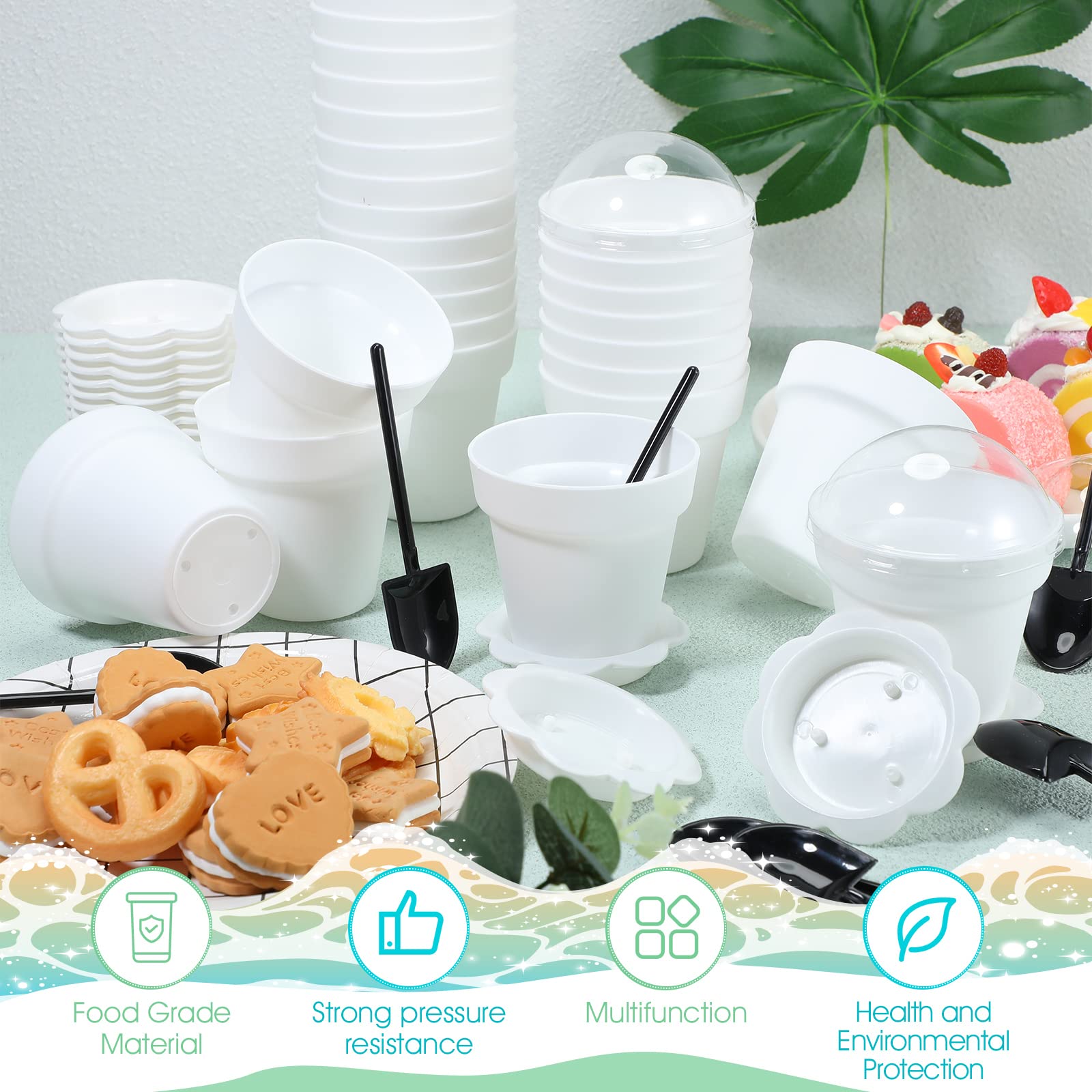 50-Pack Flowerpot Dessert Cups With Lids & Shovel Spoons – Reusable Plastic Ice Cream Containers For Parties, DIY Desserts