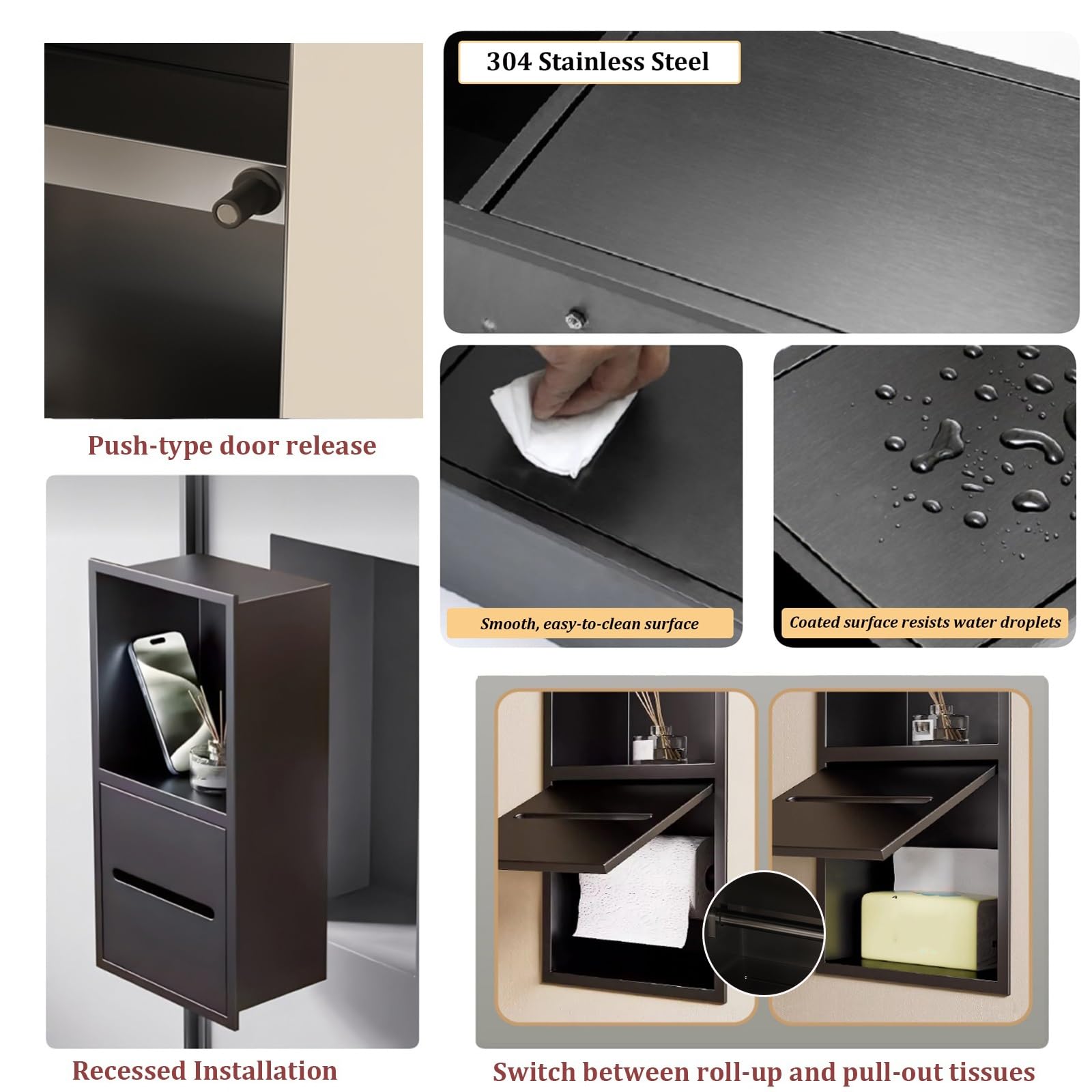 Armadietto da bagno da incasso con pattumiera nascosta, design in acciaio inox per rinnovamento moderno
