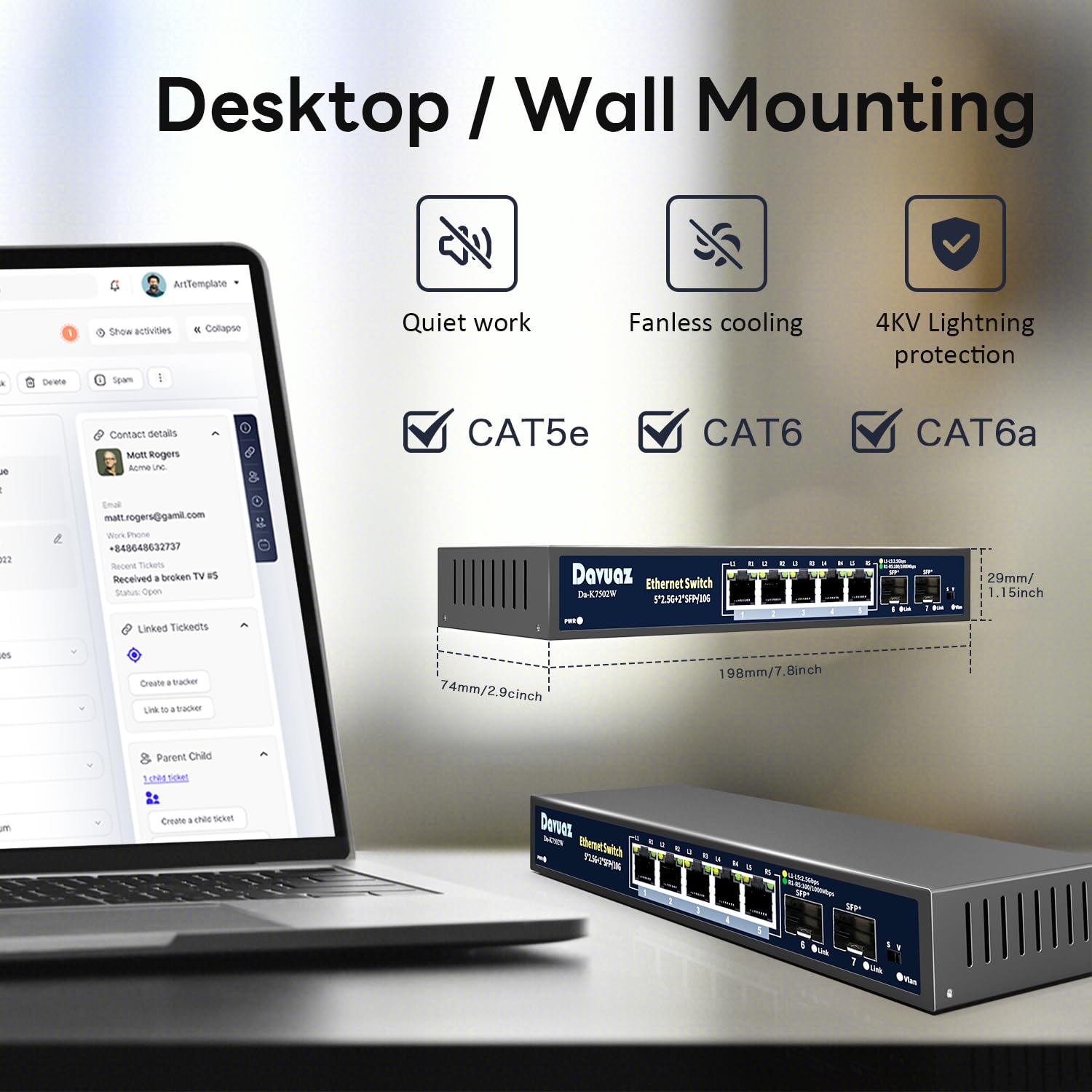 7-Port 2,5G Unmanaged Ethernet Switch, 5 x 2,5G RJ45 Ports, 2 x 10G SFP+ Optische Ports, Kompatibel mit 100/1000/2500Mbps Netzwerk Switches, Metallisch Lüfterlos, Plug and Play, Drahtlose AP