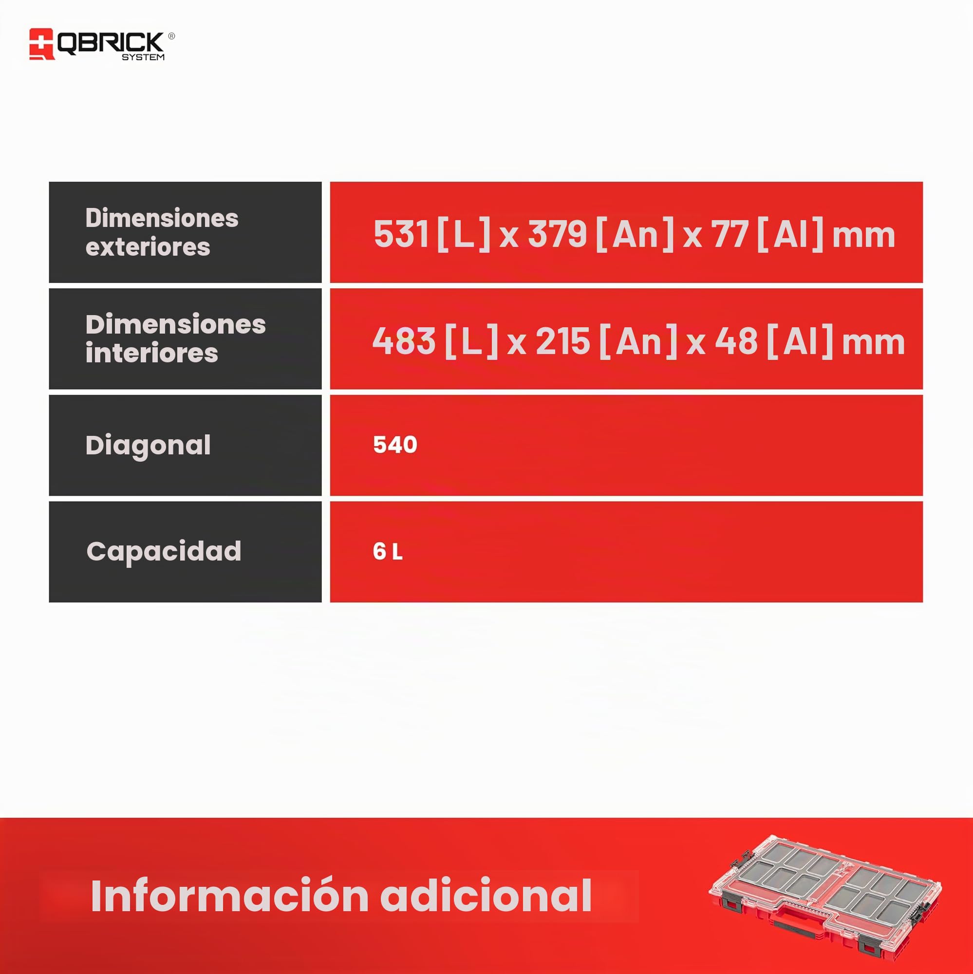 QBRICK SYSTEM Caja Herramientas Maletin Caixa De Ferramentas ONE Organizer L 2.0 MFI RED Ultra HD Rojo 540 x 390 x 95 mm