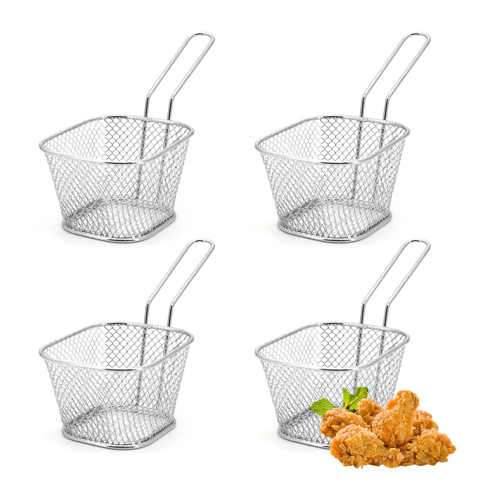 Mini Square Fry Basket Stainless Steel French Fries Holder Deep Fryer Baskets with Handles, Table Serving Frying Chips Baskets, French Fry Holder for Kitchen Party Barbecue (4)
