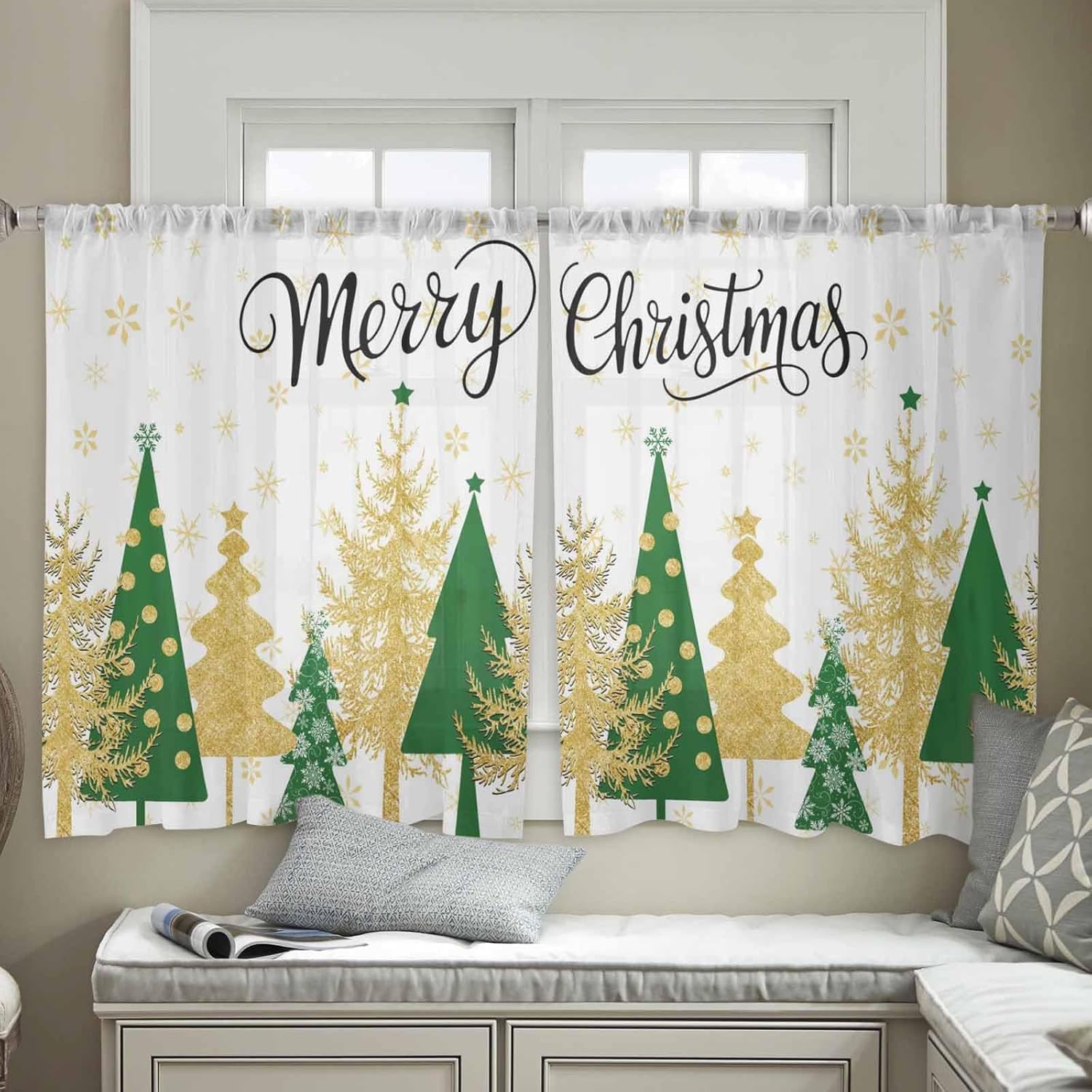 Christmas Tree Semi Sheer Curtains 54" Long 2 Panels, Light Filter Window Treatments Curtain Snowflakes Art Decoration Rod Pocket Drapes for Living Room Bedroom Decor Each 52" W x 54" L