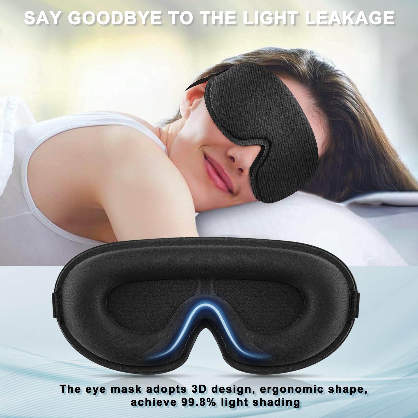 Oumida 3D Schlafmaske für Seitenschläfer, Verstellbares Gummiband, lichtblockierend und Atmungsaktiv, Augenmaske für Männer Frauen, für Reisen, Büro, Yoga (Schwarz)